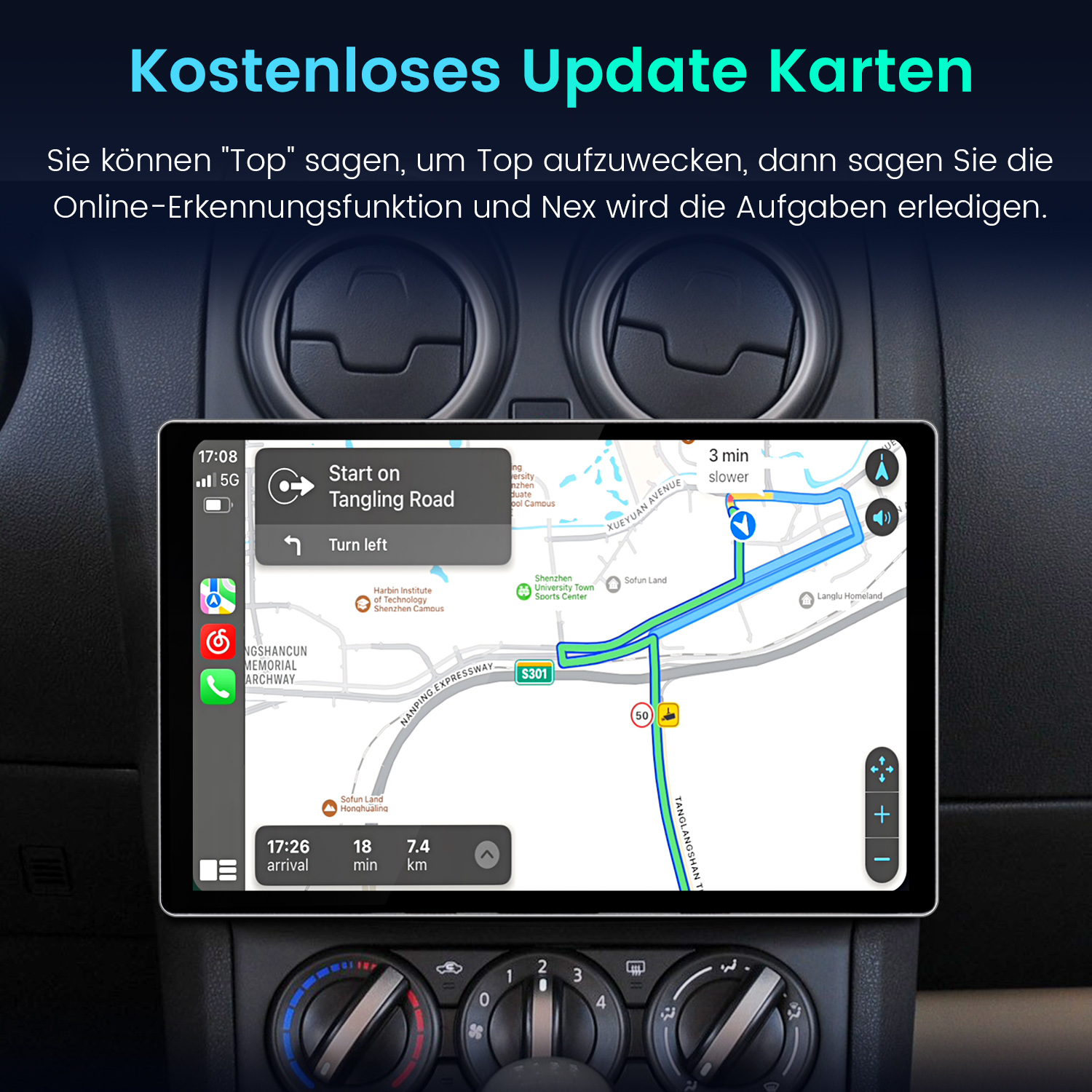 Ein Auto-Navigationsbildschirm zeigt eine digital eingezeichnete Straßenkarte mit Routenführung und Bedienelementen.
