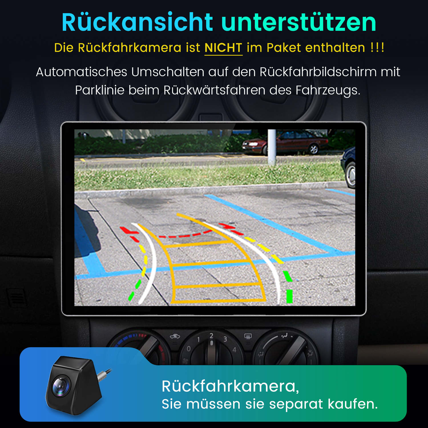 Ein Car-Display zeigt die Rückansicht mit Parklinien beim Rückwärtsfahren, mit Text in deutscher Sprache.
