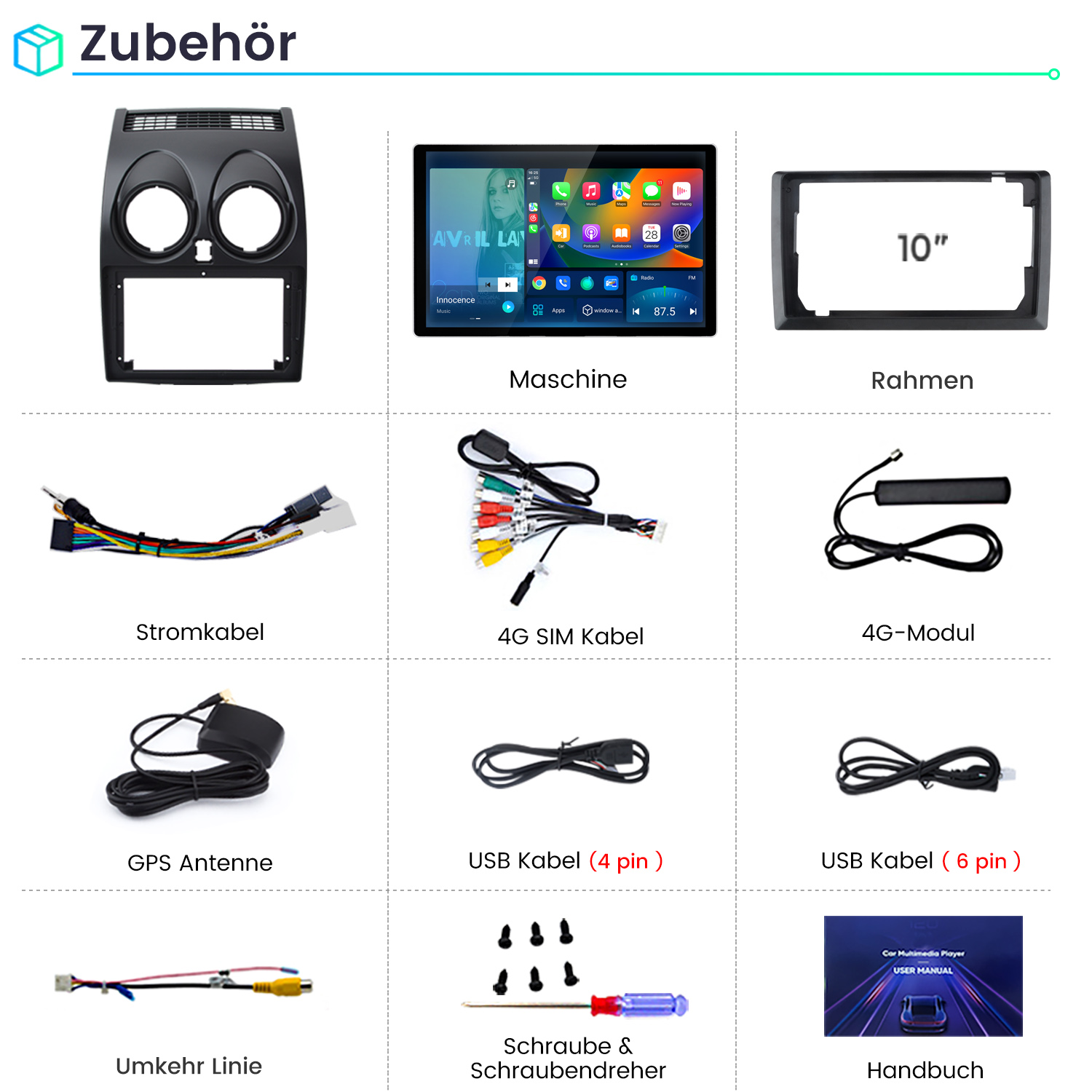 Übersicht von KFZ-Multimedia-Zubehörteilen wie Kabel, Rahmen, Antennen und Werkzeugen.