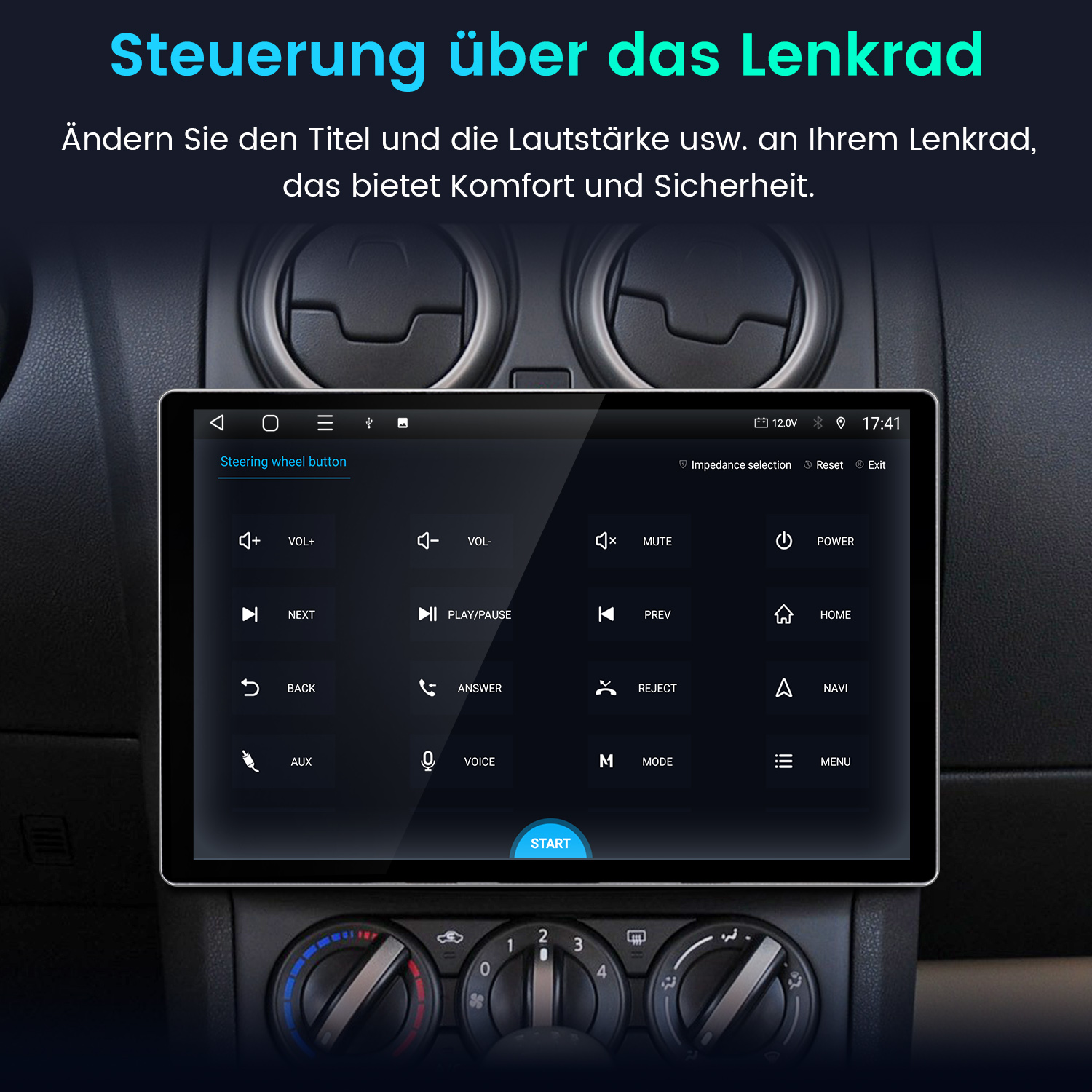 Ein Car-Display zeigt das Menü zur Konfiguration der Lenkradtasten mit verschiedenen Steuerungssymbolen.