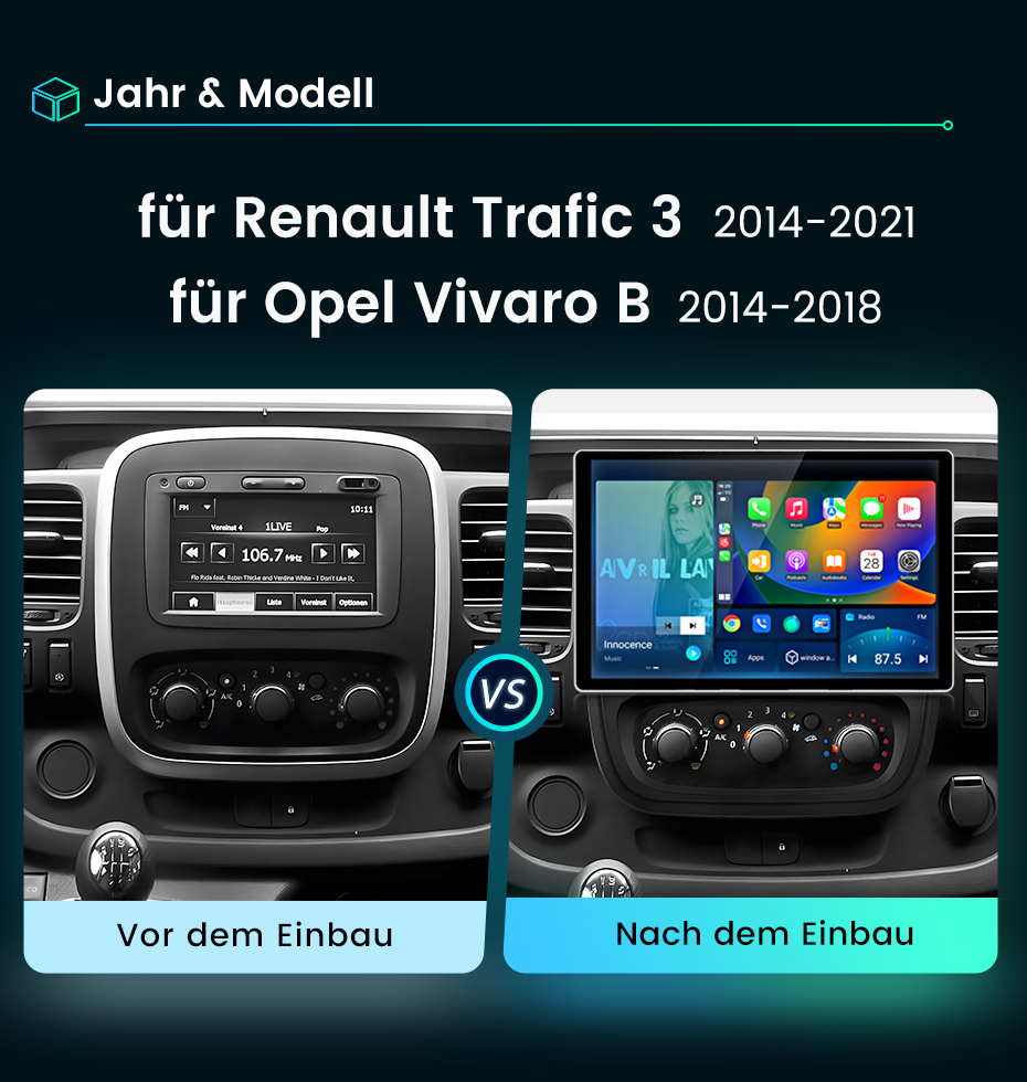 Vorher-Nachher-Vergleich des Armaturenbretts für Renault Trafic 3 und Opel Vivaro B mit neuem Display.