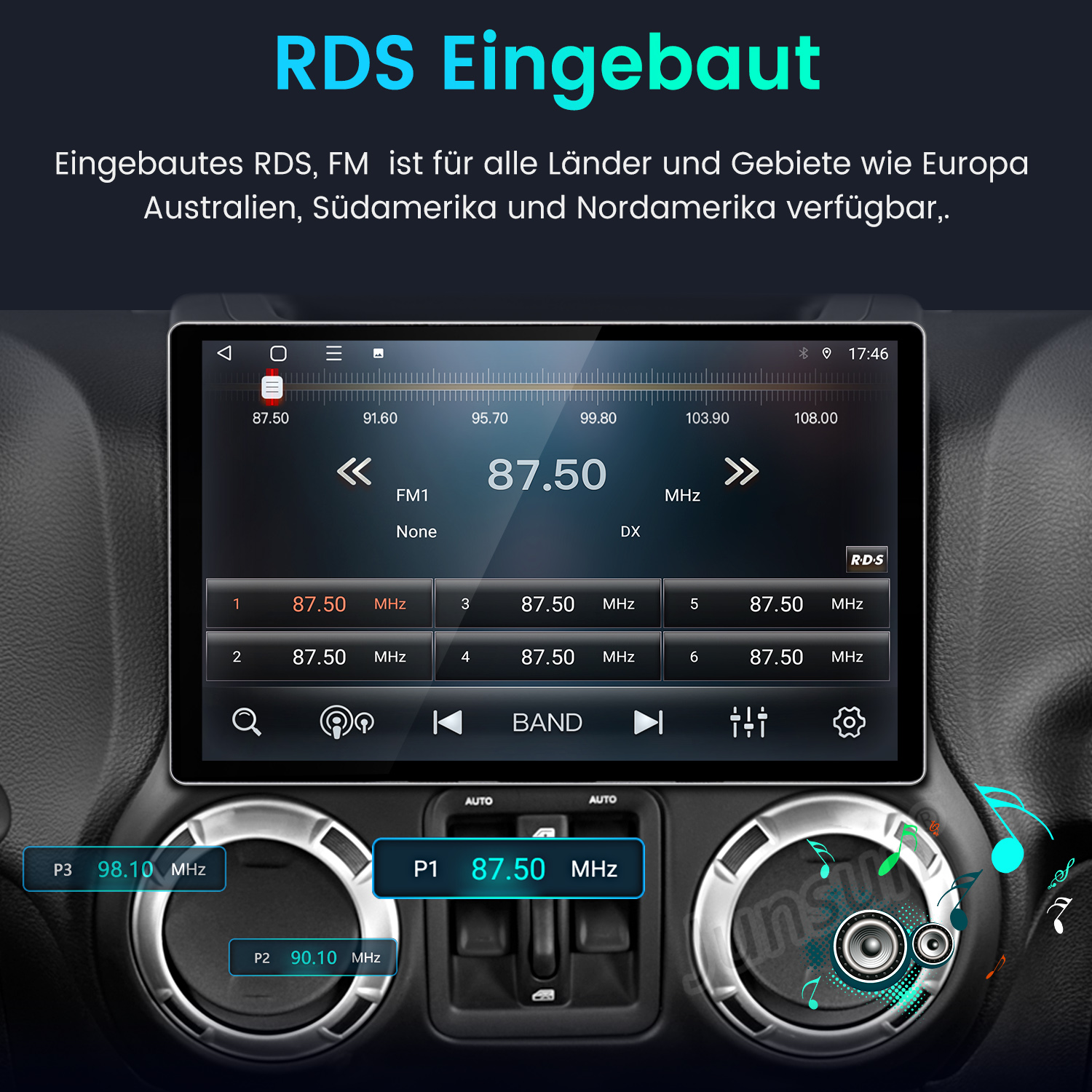 Autoradio mit RDS-Funktion und Touchscreen in einem Armaturenbrett.