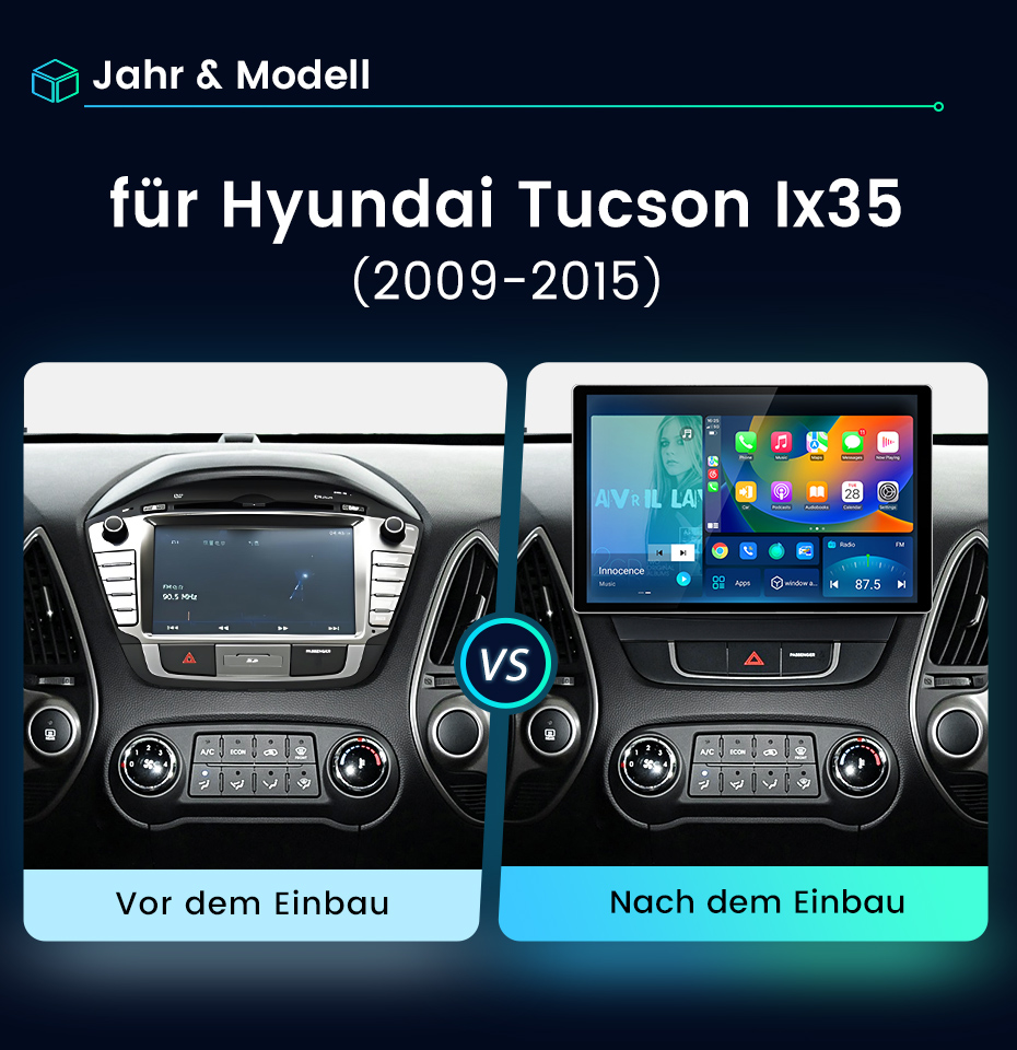 Vergleich des Armaturenbretts des Hyundai Tucson vor und nach dem Einbau eines neuen Multimedia-Touchscreens.