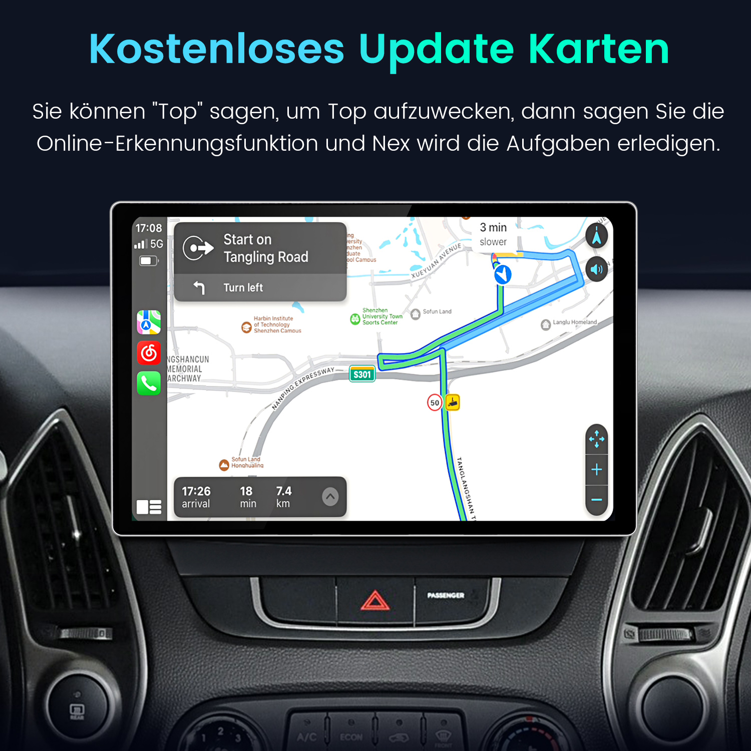 Autodisplay zeigt Navigationskarte mit blauer Route und Fahrtrichtung.
