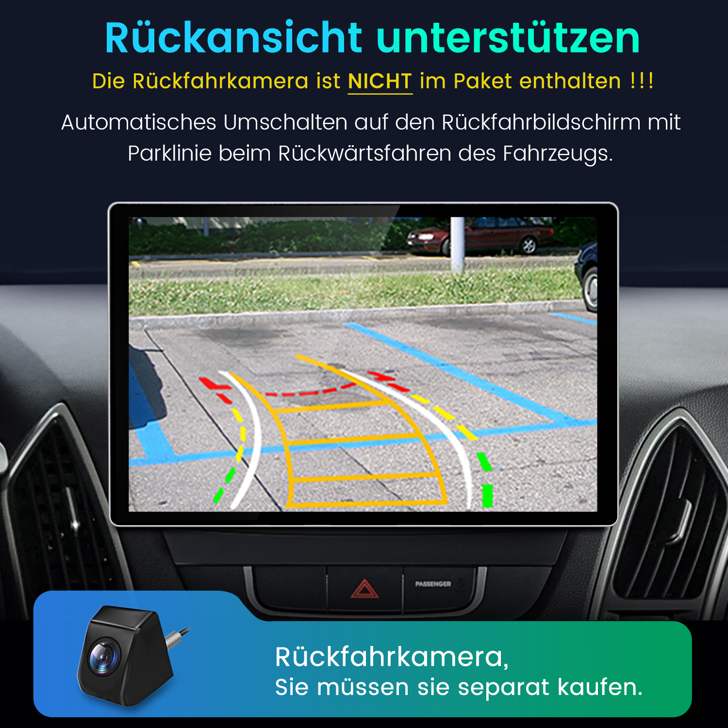 Ein Car-Display zeigt ein Rückfahrkamerabild mit Hilfslinien an, darüber und darunter stehen deutsche Erklärungen.
