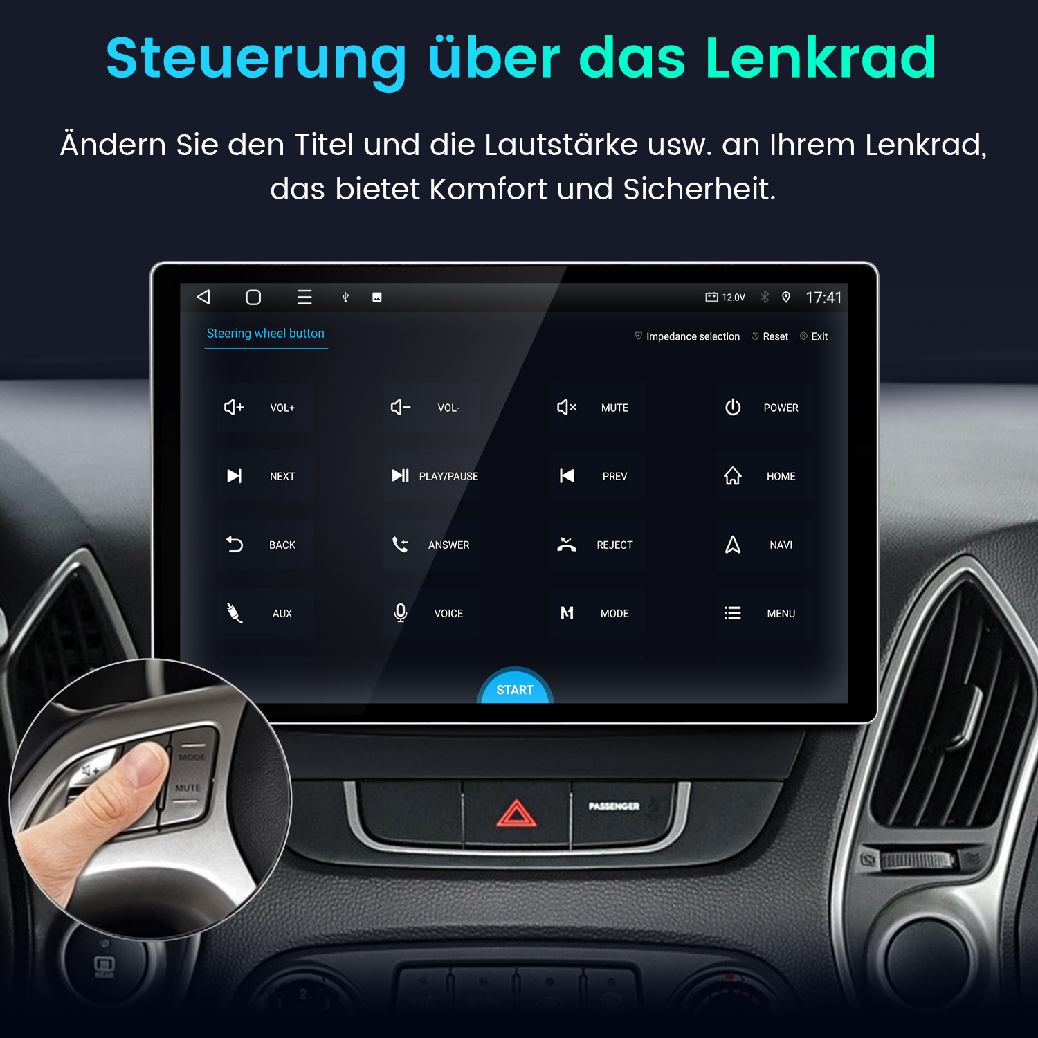 Lenkradsteuerungseinstellungen auf einem Autoradio-Bildschirm mit Symbolen für Lautstärke, Modus und Stumm.