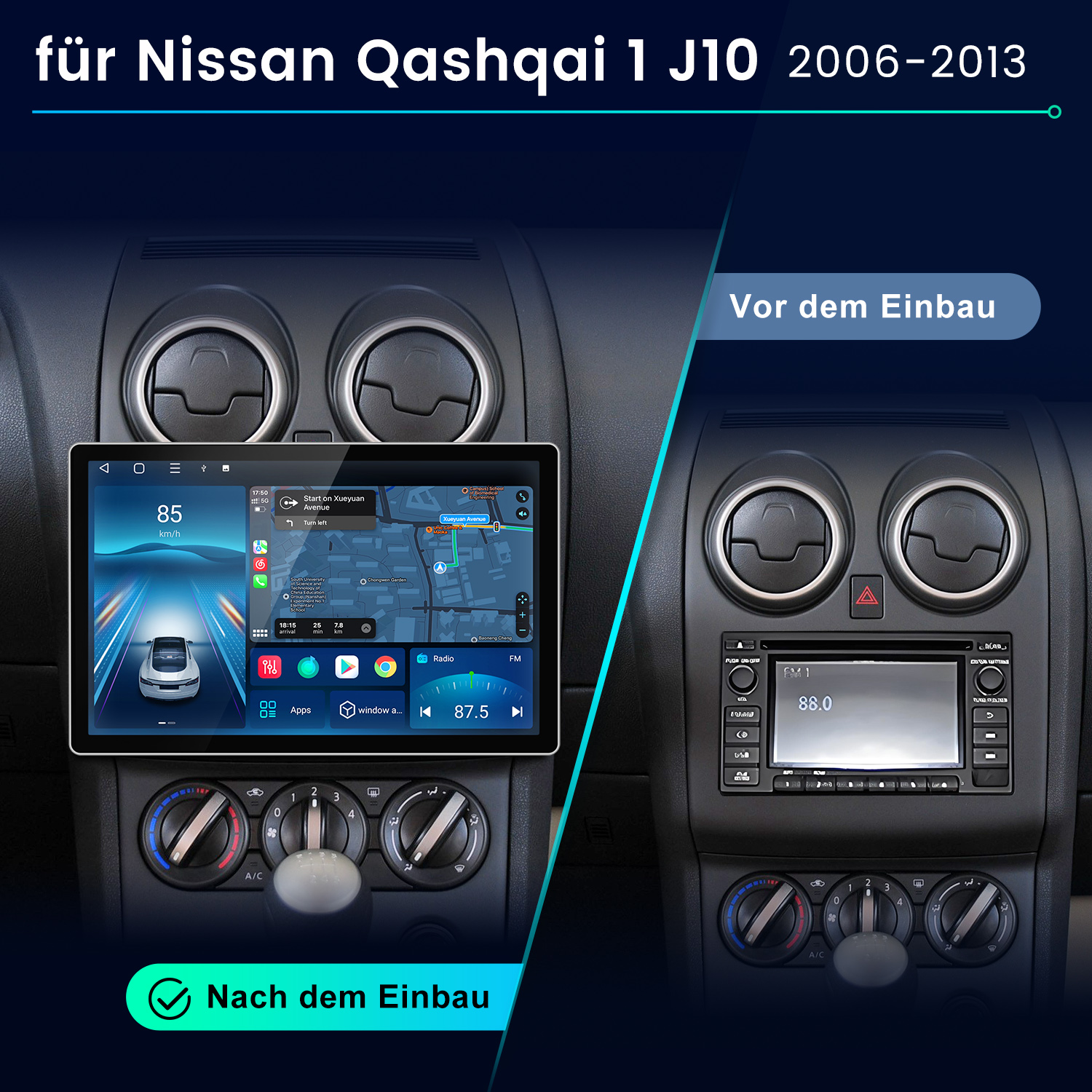 Vergleich eines Nissan Qashqai Armaturenbretts vor und nach dem Einbau eines neuen Navigationssystems.