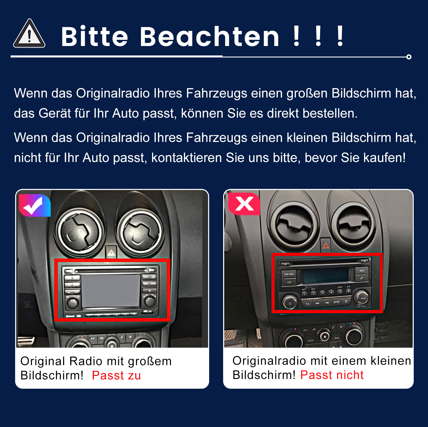 Hinweis zum Autoradio: Großes Display passt, kleines Display passt nicht.