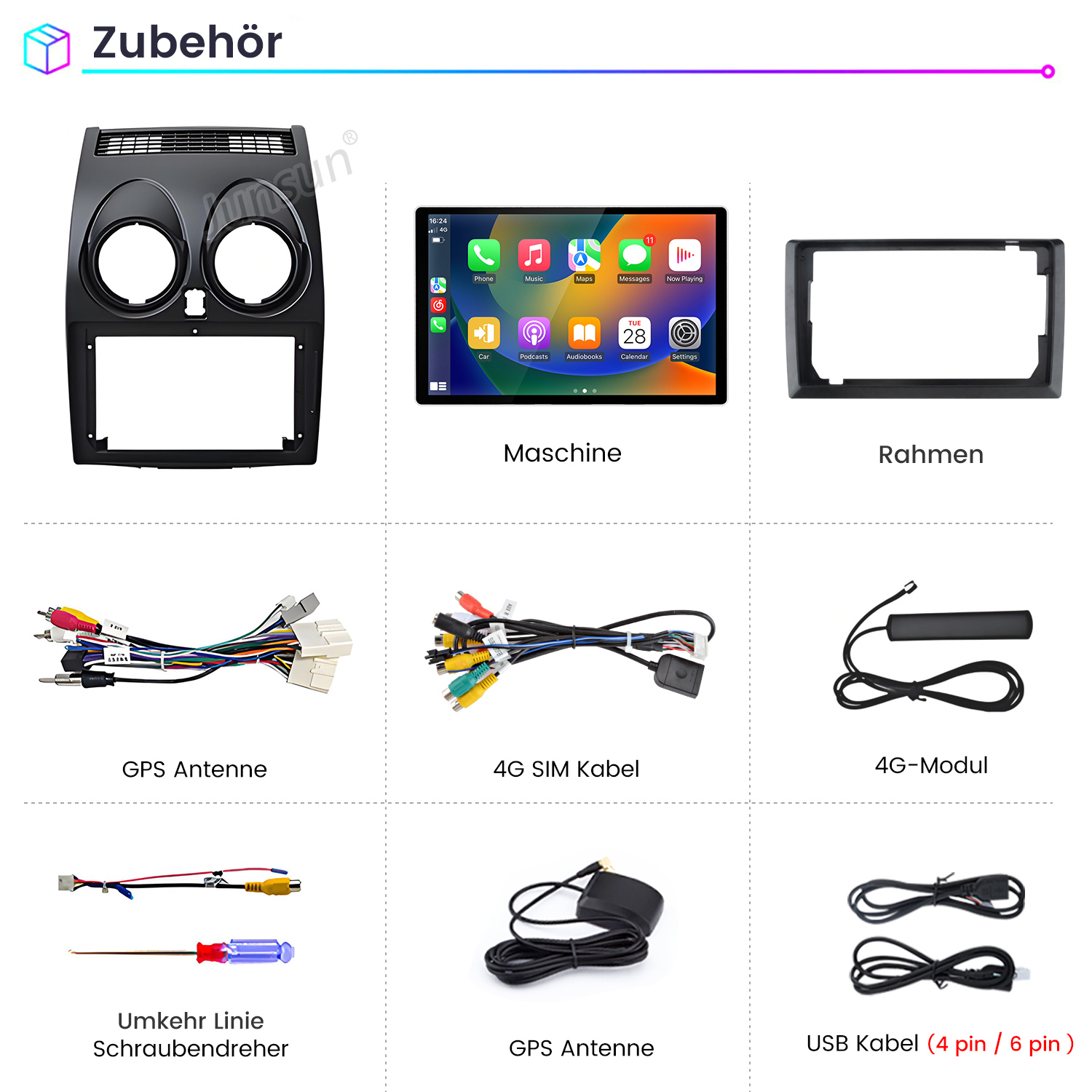 Ein Bild mit verschiedenem Autoradio-Zubehör wie Armaturenbrett-Rahmen, Touchscreen-Display, Kabeln und Werkzeug.