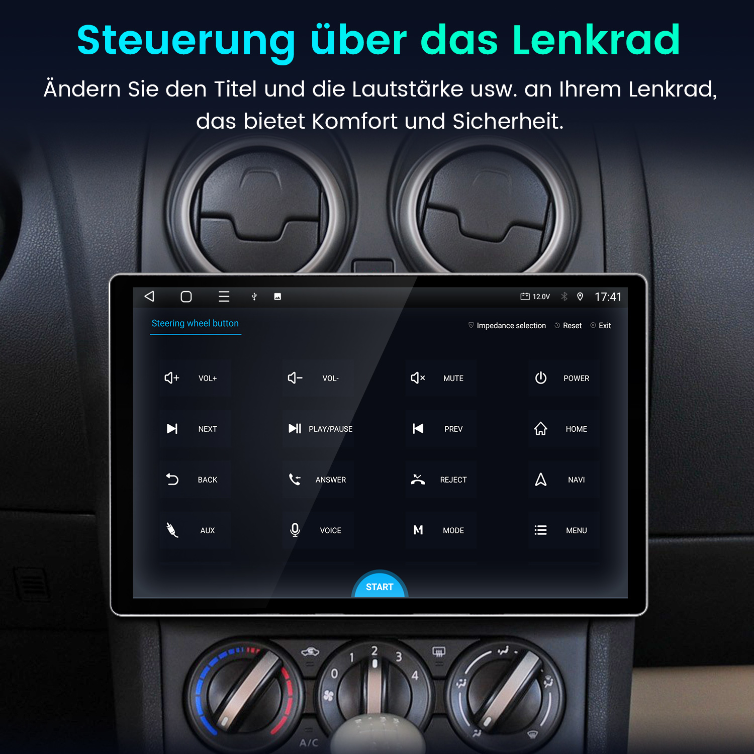 Autobrett mit Touchscreen-Infotainmentsystem und Menü zur Konfiguration der Lenkradtasten.