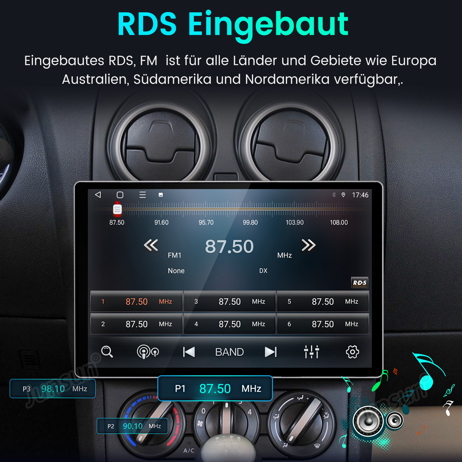Autoradio mit Touchscreen zeigt UKW-Sender und Bedienelemente im Armaturenbrett.
