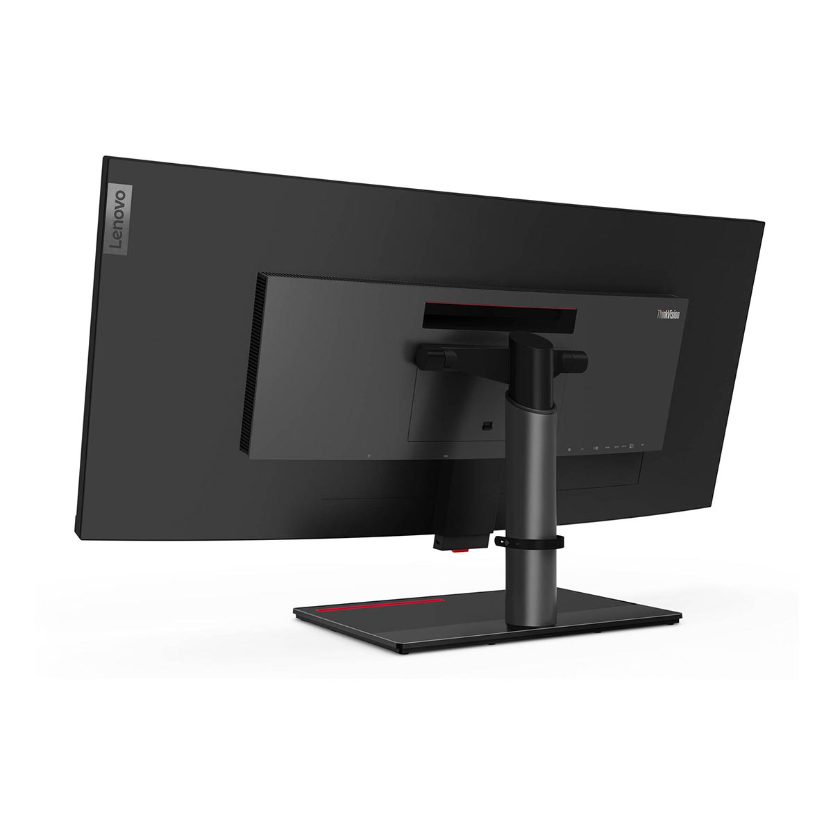 Widok z tyłu czarnego szerokokątnego monitora komputerowego Lenovo na solidnej podstawce na białym tle.