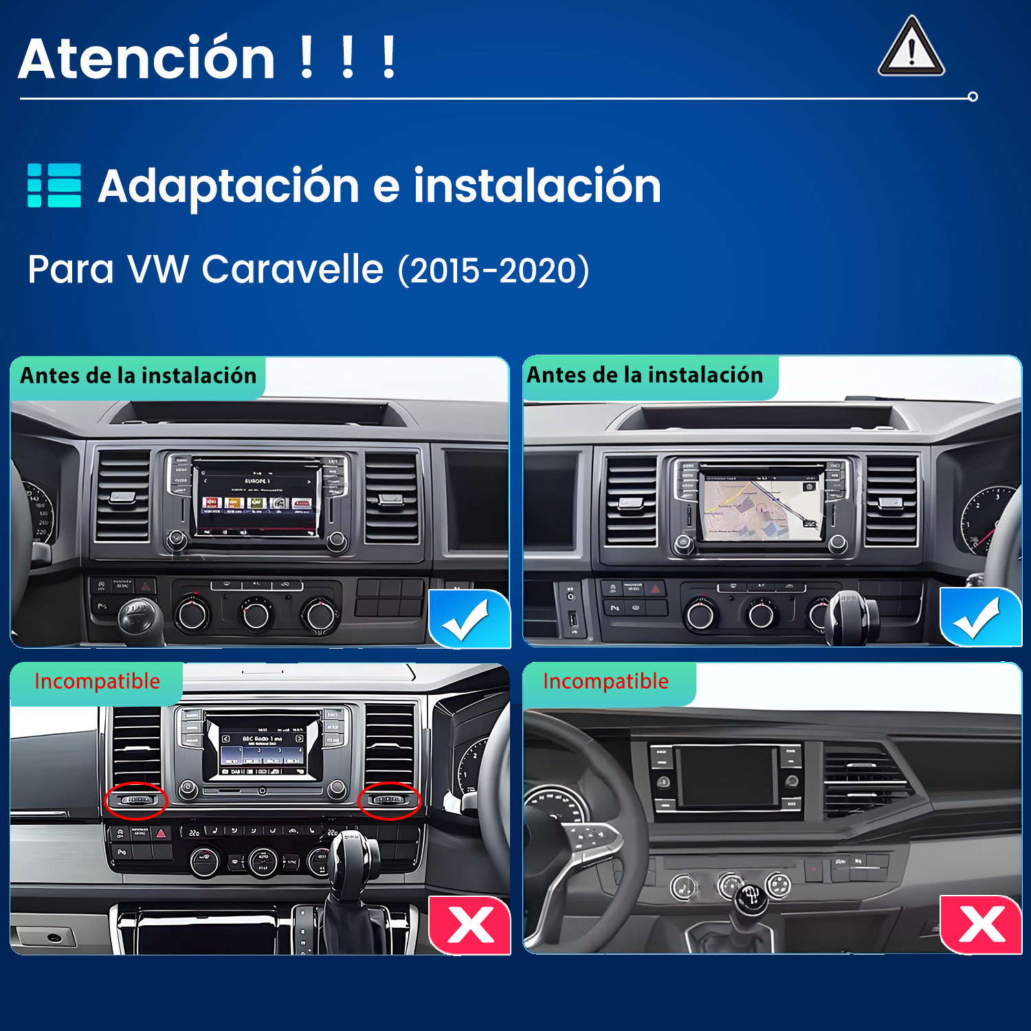Imagen de instrucción para VW Caravelle que muestra tableros compatibles e incompatibles.
