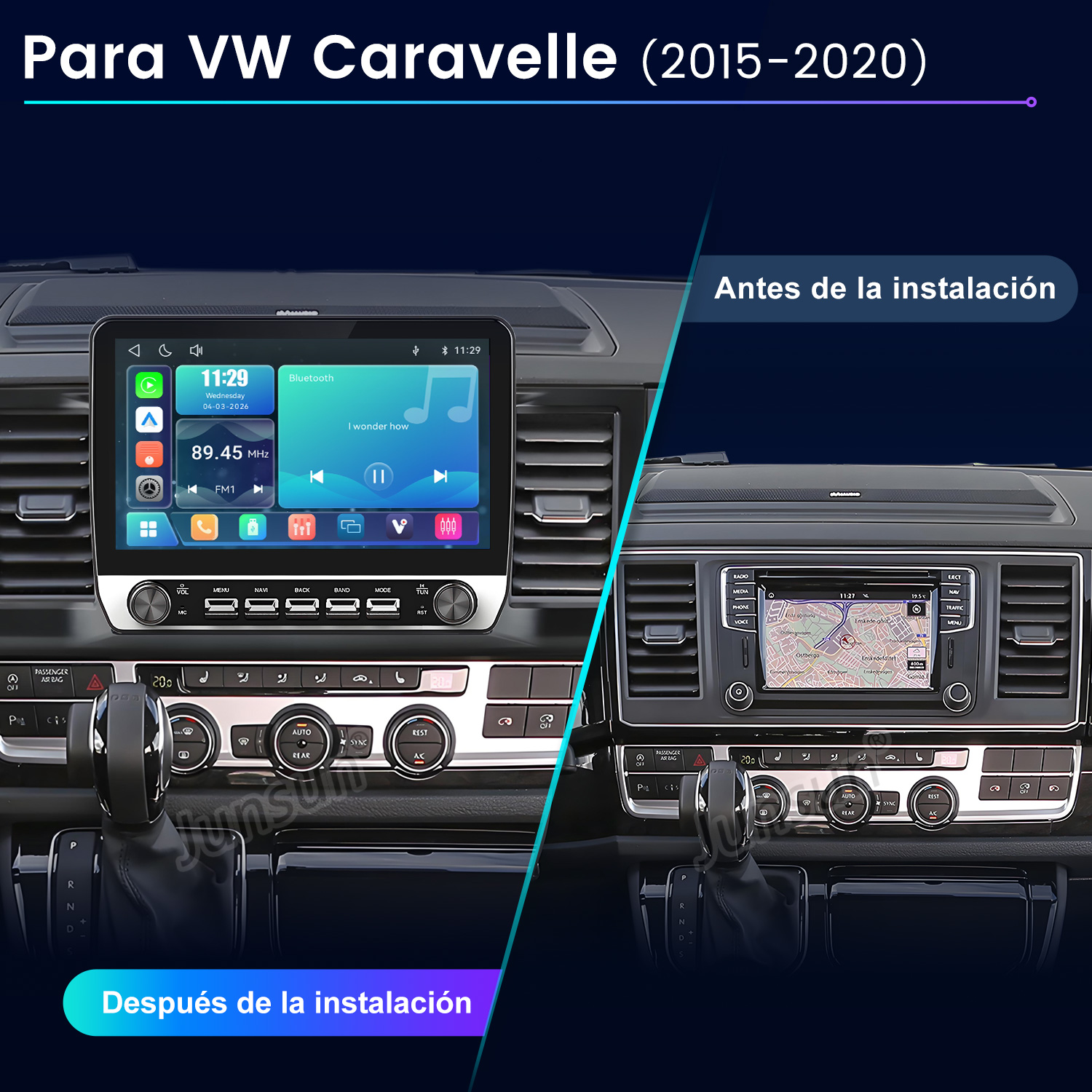Comparación del salpicadero del VW Caravelle antes y después de instalar una radio táctil grande.