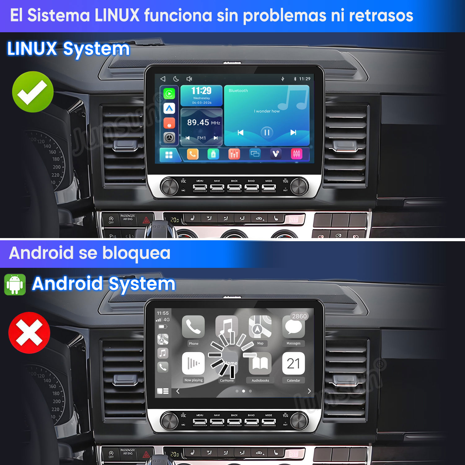 Comparación de dos pantallas de coche: un sistema Linux funciona bien mientras que uno Android se bloquea.