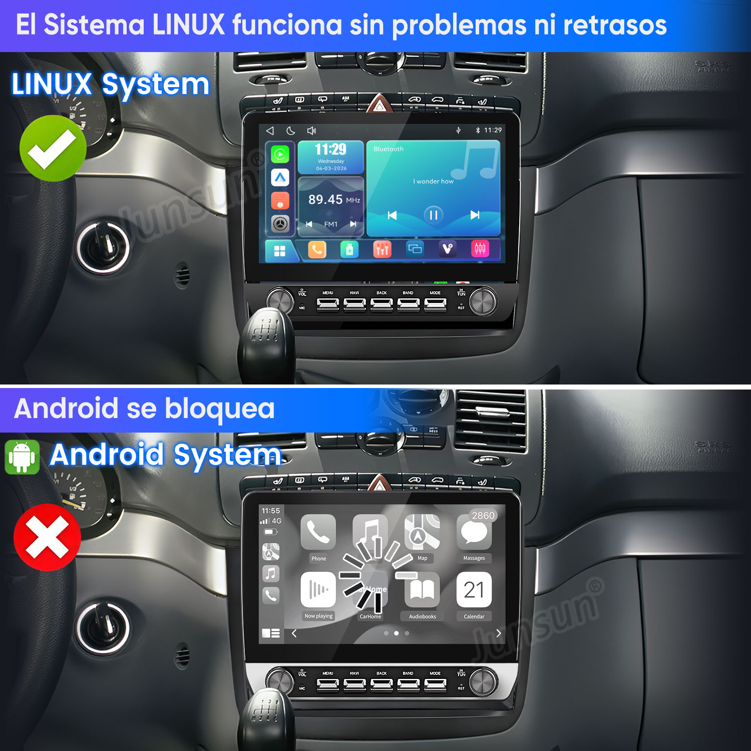 Comparación que muestra una pantalla de auto Linux fluida sobre una pantalla Android bloqueada.