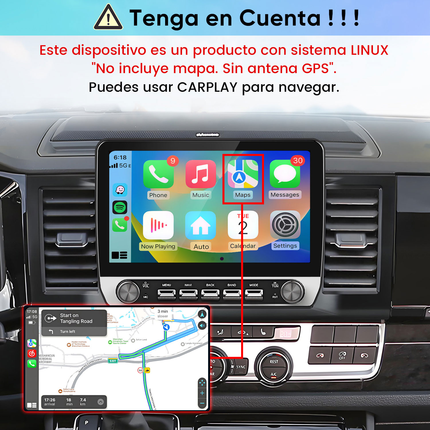 Pantalla de radio de coche Linux con navegación CarPlay, iconos de aplicaciones y texto explicativo.