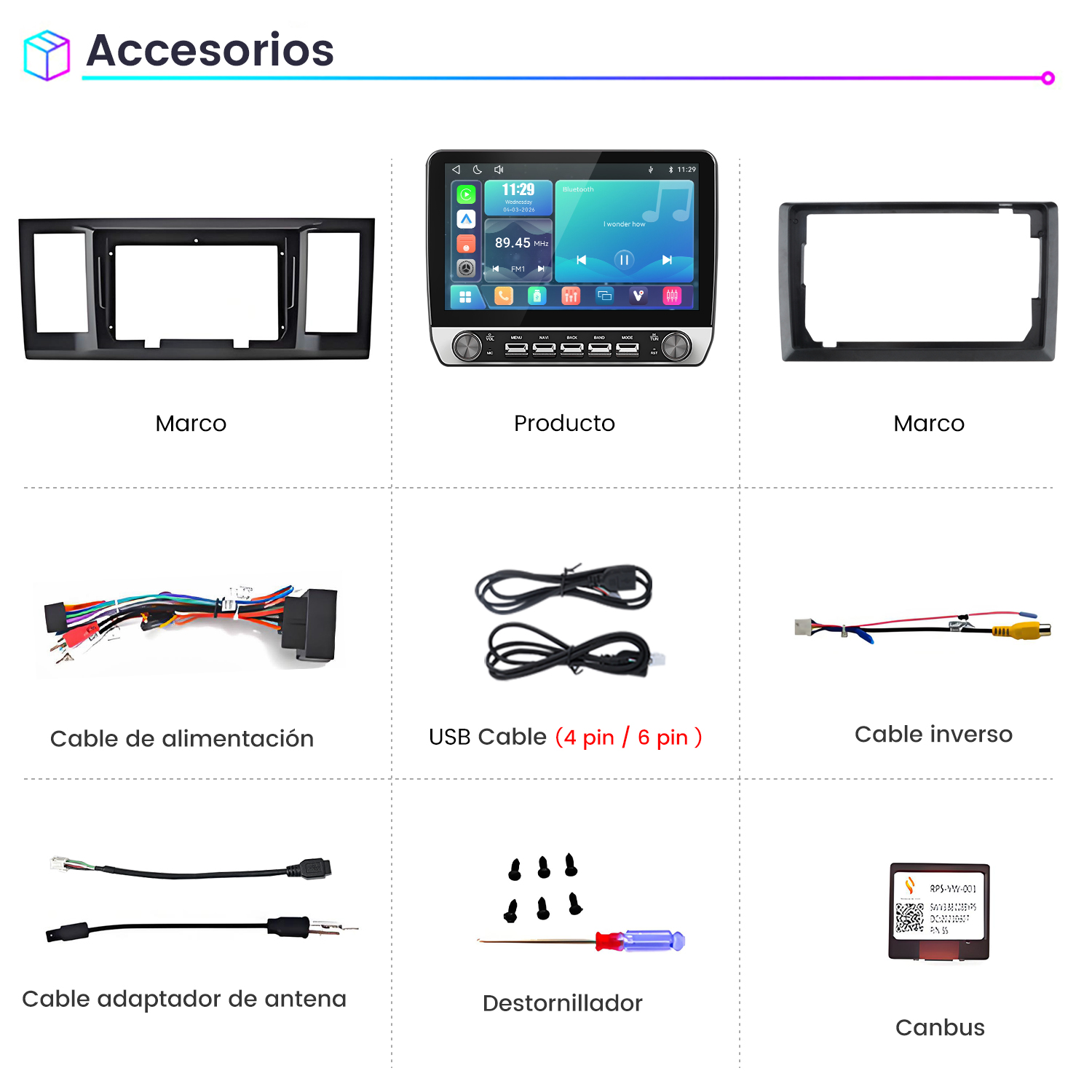 Accesorios para autorradio que incluyen marcos, cables, USB, canbus y un destornillador.