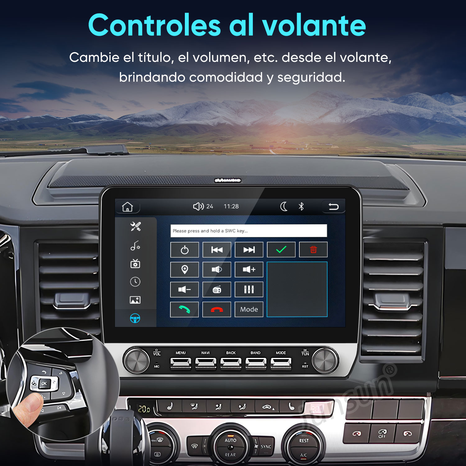 Tablero de auto con sistema de infoentretenimiento táctil y controles en el volante frente a un fondo montañoso.