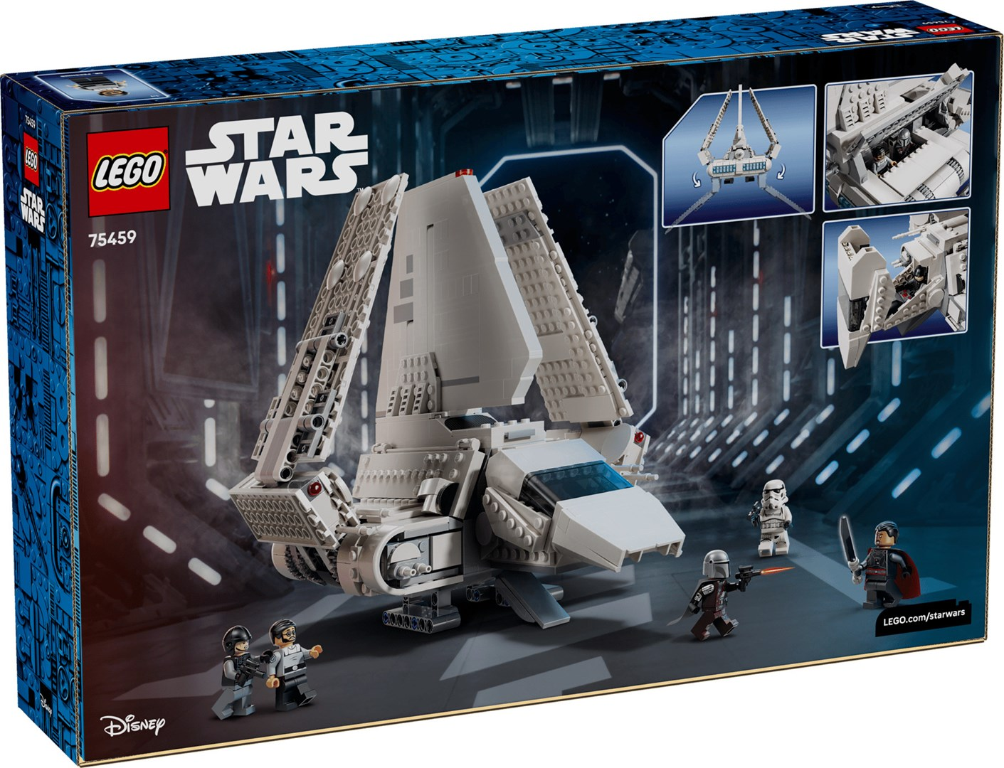 Pudełko zestawu LEGO Star Wars z białym promem imperialnym i minifigurkami na tle hangaru.