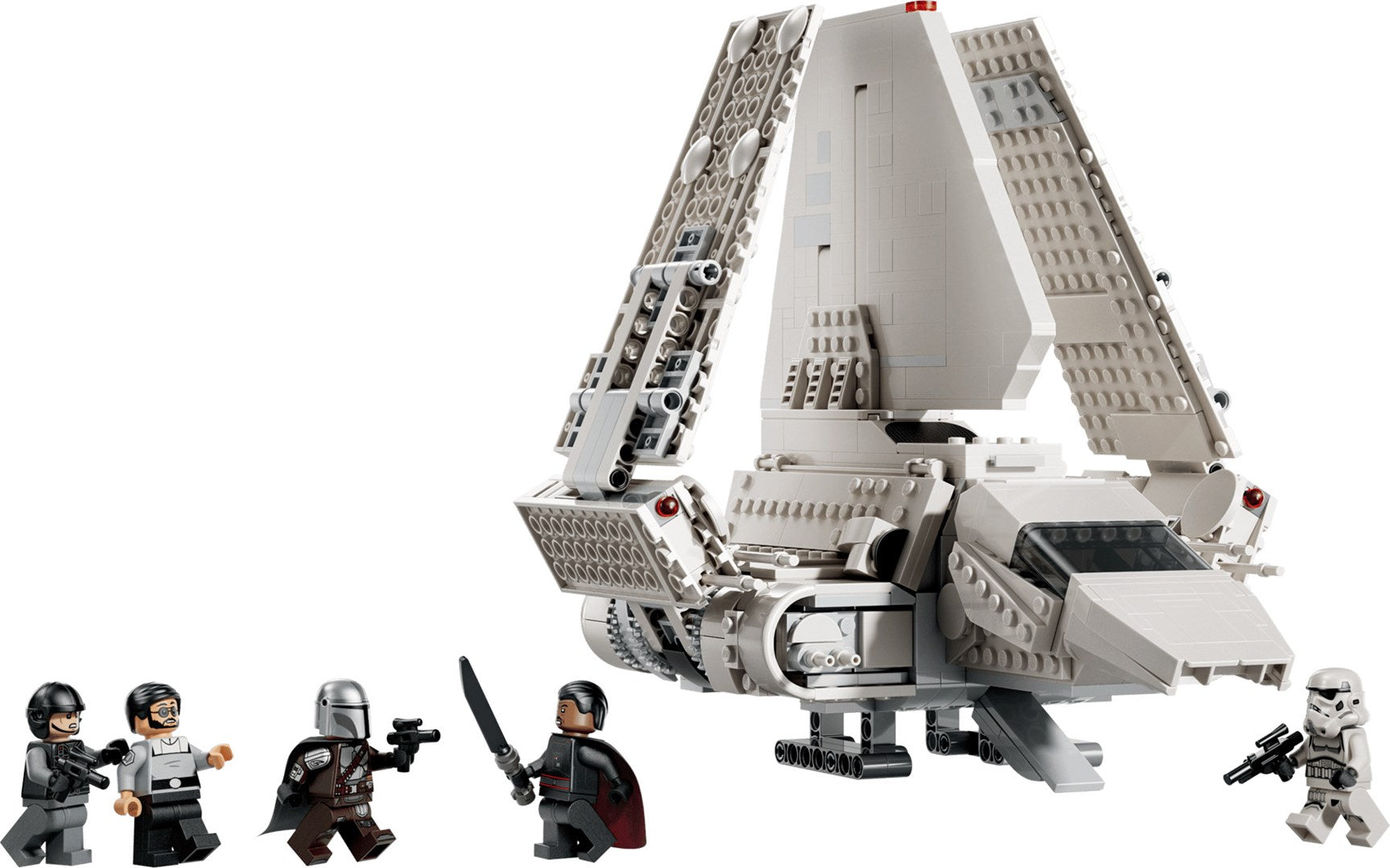 Statek kosmiczny Lego z podniesionymi skrzydłami i pięcioma minifigurkami na białym tle.