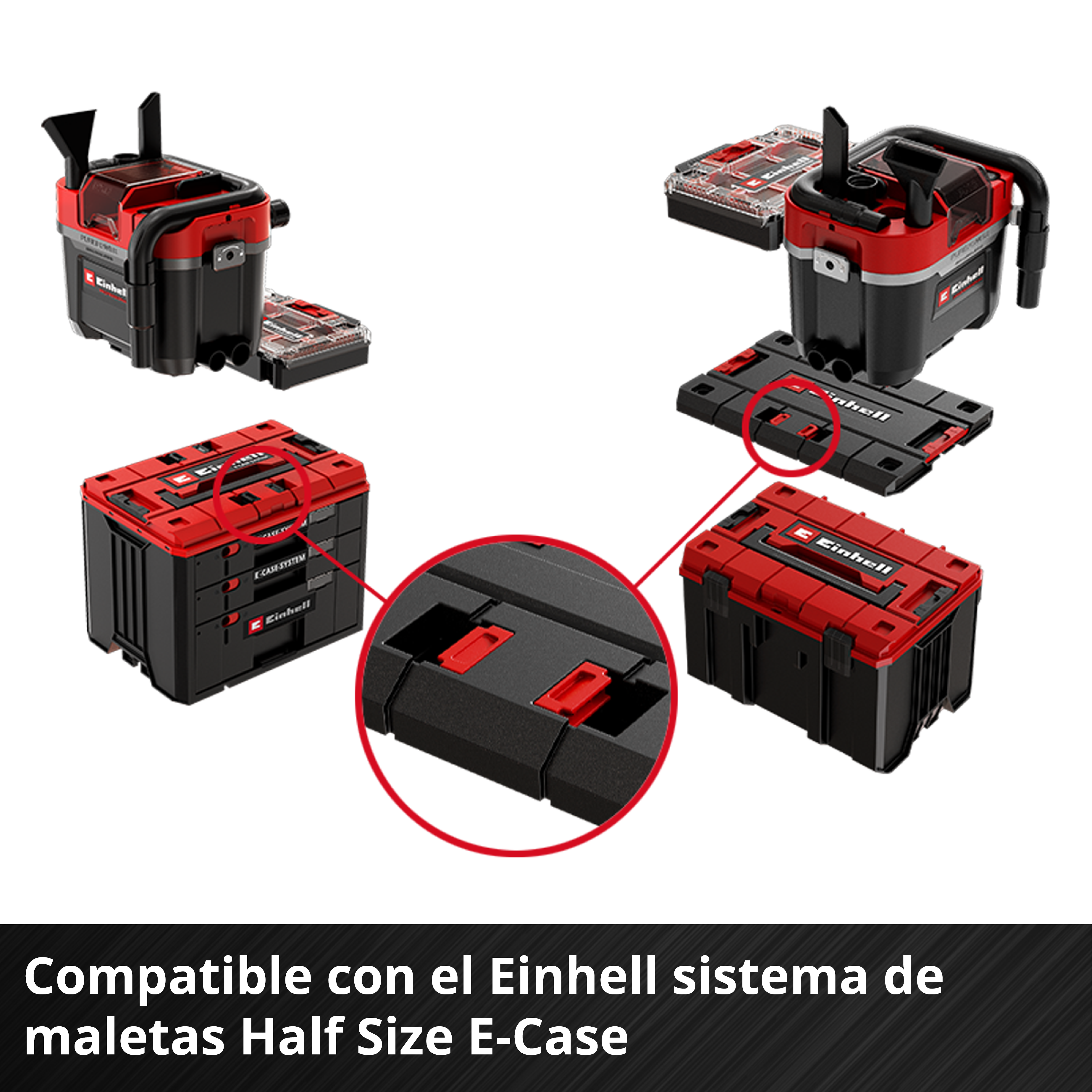 Sistema di valigette portautensili Einhell con chiusure rosse e moduli compatibili.