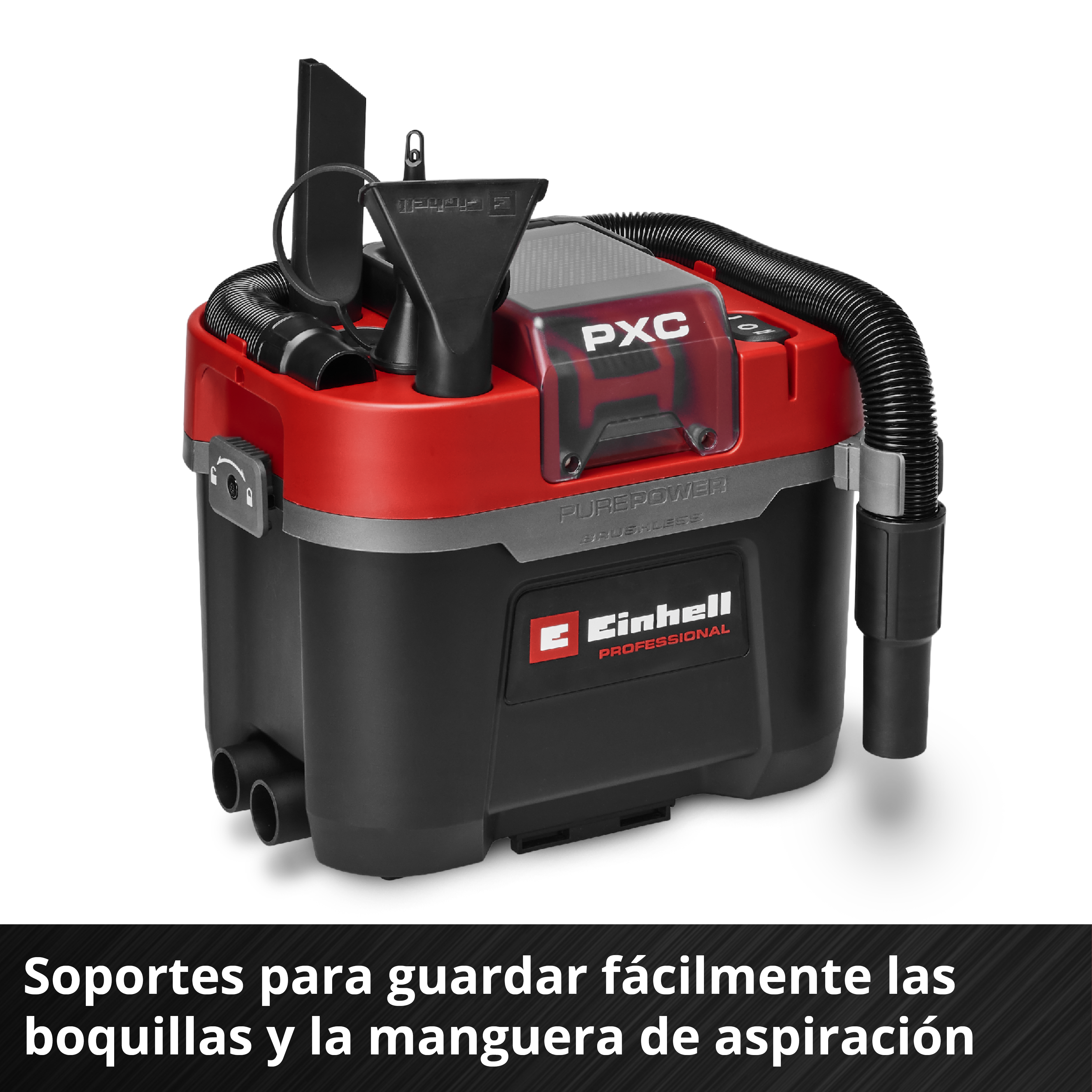 Aspiratore a umido e secco a batteria Einhell rosso e nero con accessori e tubo su sfondo bianco.