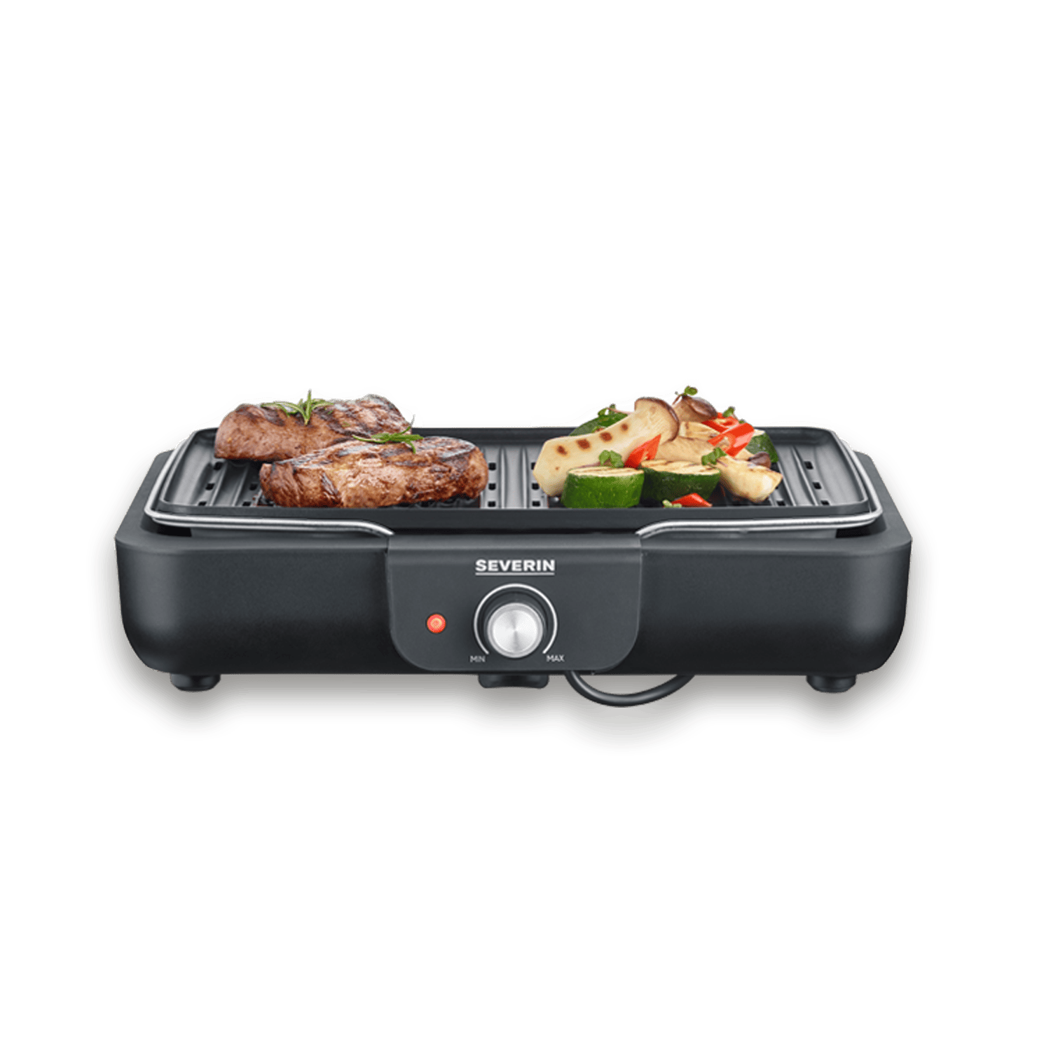 Een zwarte Severin elektrische grill kookt vlees en groenten op een geribbelde rooster.
