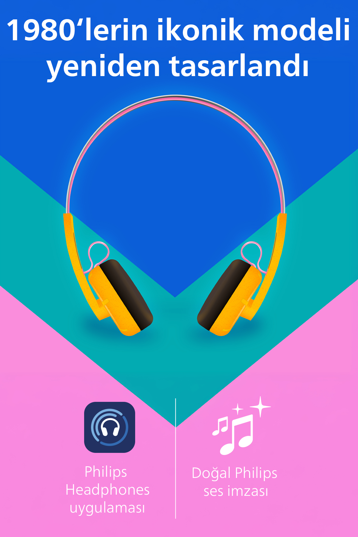 Retro-Kopfhörer vor blau-türkis-rosa Hintergrund mit App- und Sound-Symbolen unten.