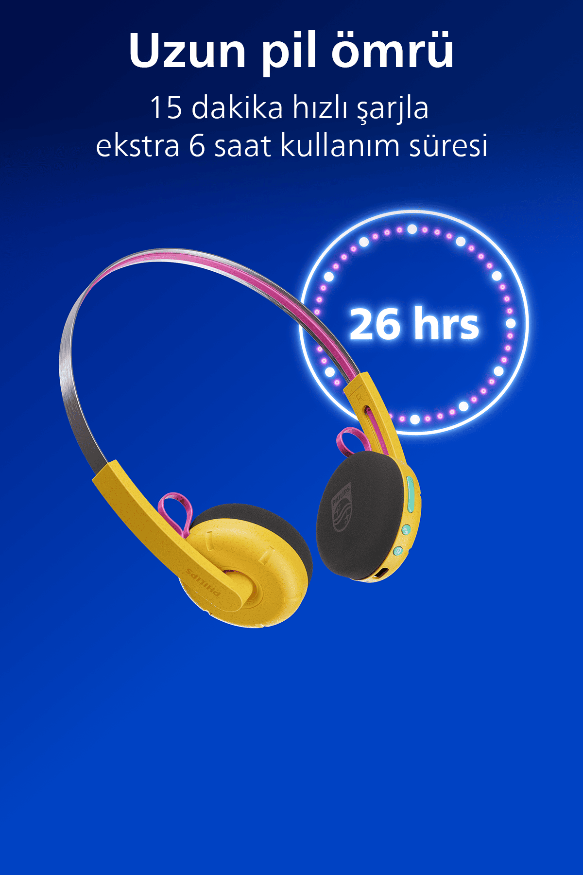 Gelb-rosa Philips On-Ear-Kopfhörer vor blauem Hintergrund mit 26 Stunden Akkulaufzeit-Anzeige.