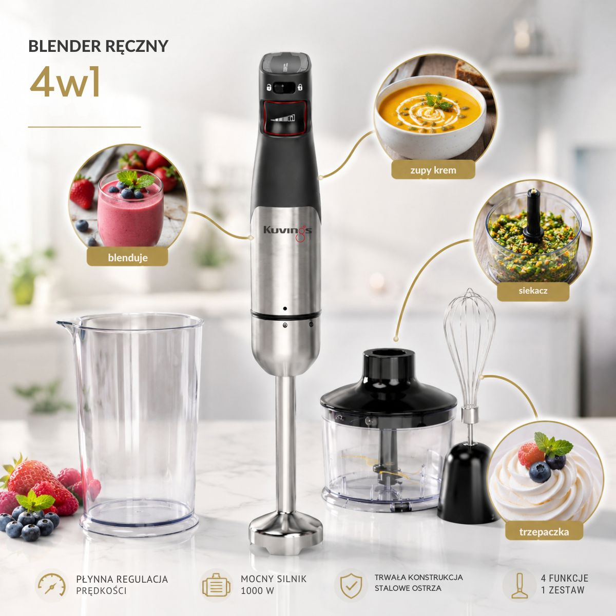 Blender ręczny 4 w 1 ze stali nierdzewnej z kubkiem, rozdrabniaczem i trzepaczką na blacie.
