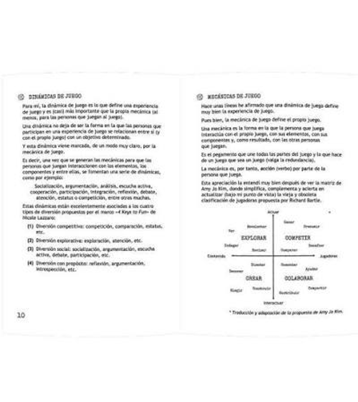 Páginas de un libro abierto con texto en español, títulos sobre dinámicas y mecánicas de juego y un gráfico.