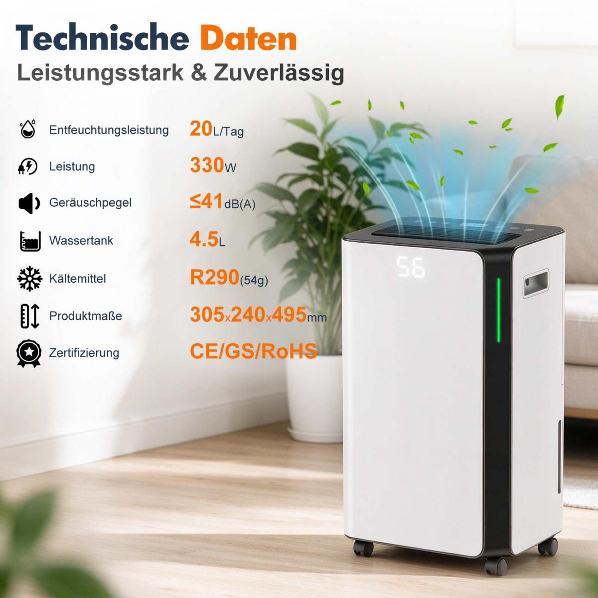 Weißer Luftentfeuchter mit technischer Datentabelle, grüner LED-Anzeige und aufsteigenden Luftströmen mit Blättern.