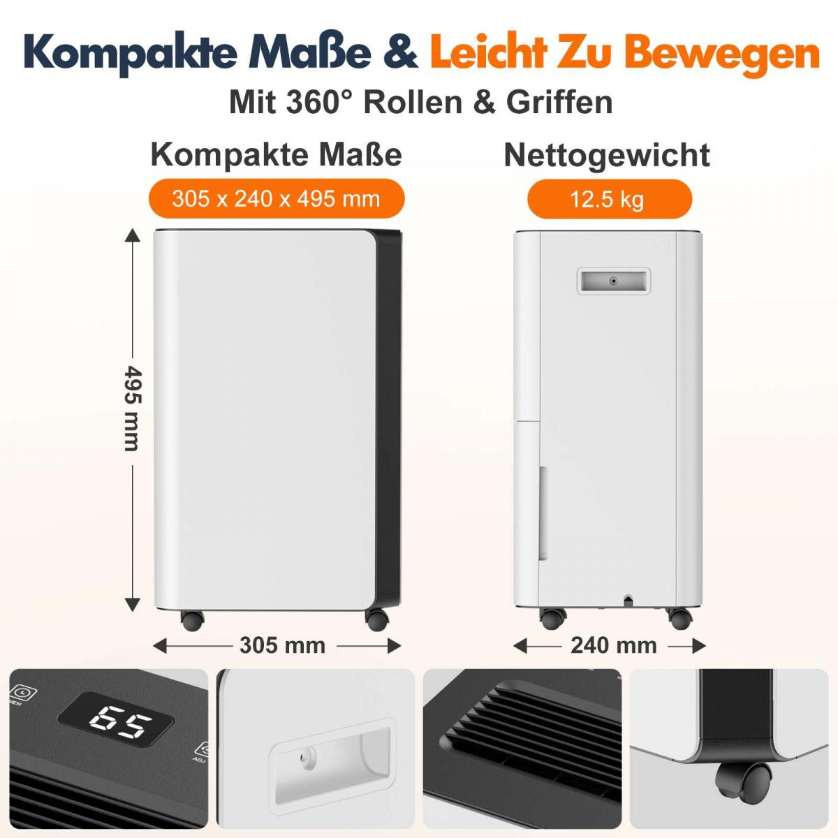 Diagramm zeigt Abmessungen 305x240x495 mm und Nettogewicht 12,5 kg eines weißen Geräts mit Rollen.