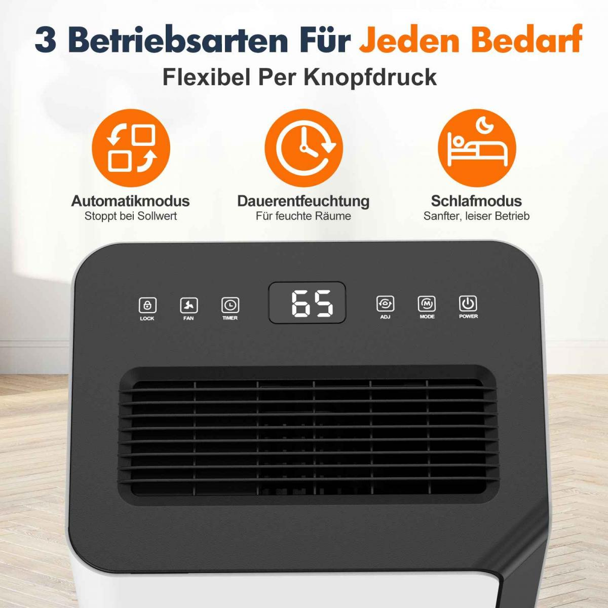 Dehumidifier with digital display, touch buttons and three icons showing automatic, continuous, and sleep modes.