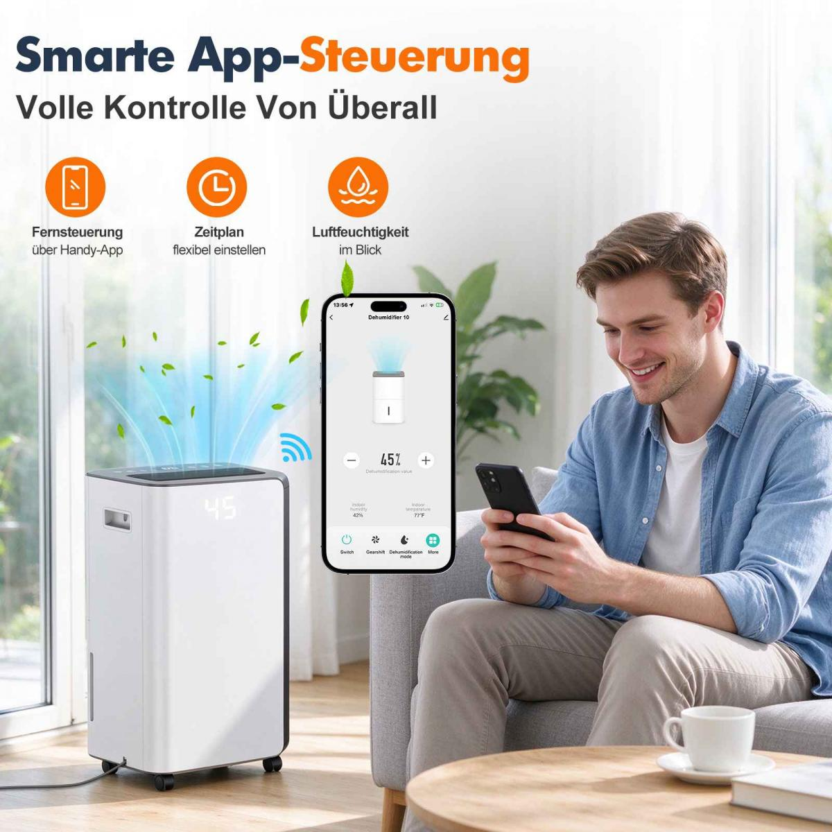 Ein Mann nutzt eine Smartphone-App, um einen smarten Luftentfeuchter in einem hellen Raum zu steuern.