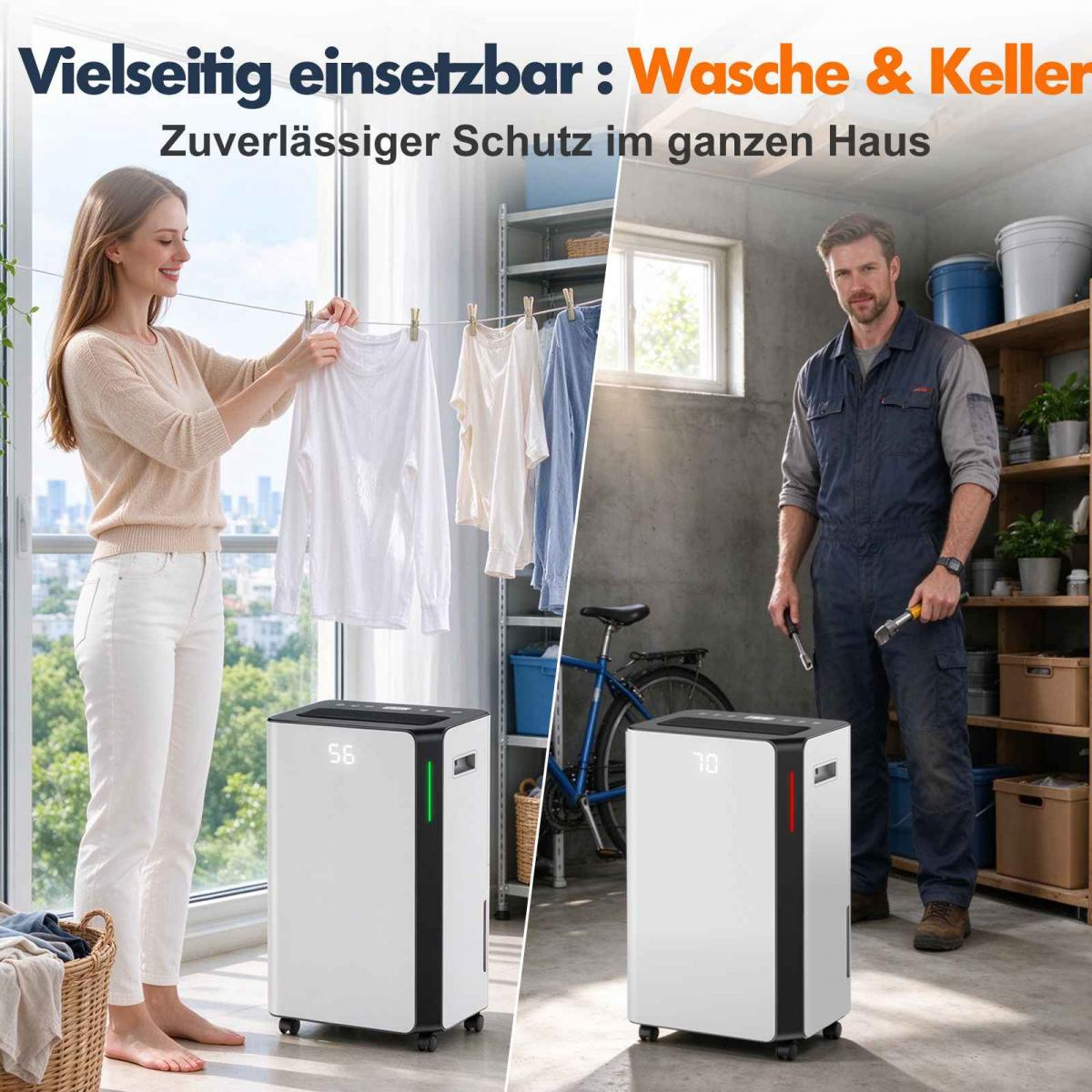 Ein weißer Entfeuchter mit Rollen steht in einem Raum mit einer Frau und einem Mann.