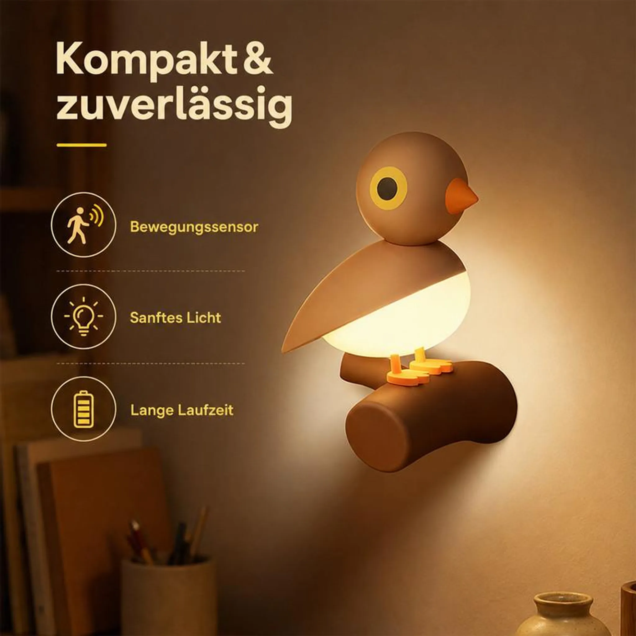 Eine braune Vogel-Wandlampe auf einem Ast mit Text und Symbolen für Bewegungsmelder, sanftes Licht und lange Laufzeit.