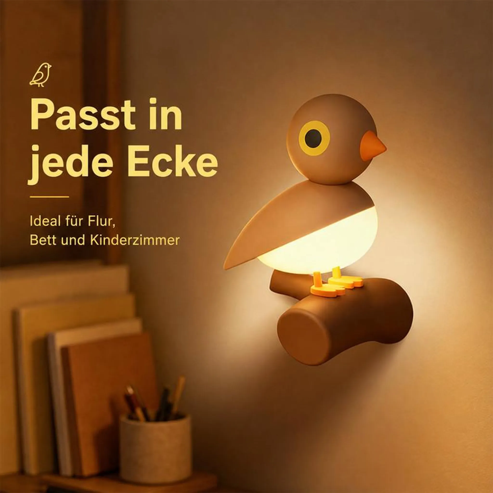 Eine niedliche vogelformige LED-Lampe sitzt auf einem Ast an einer warm beleuchteten Wand.