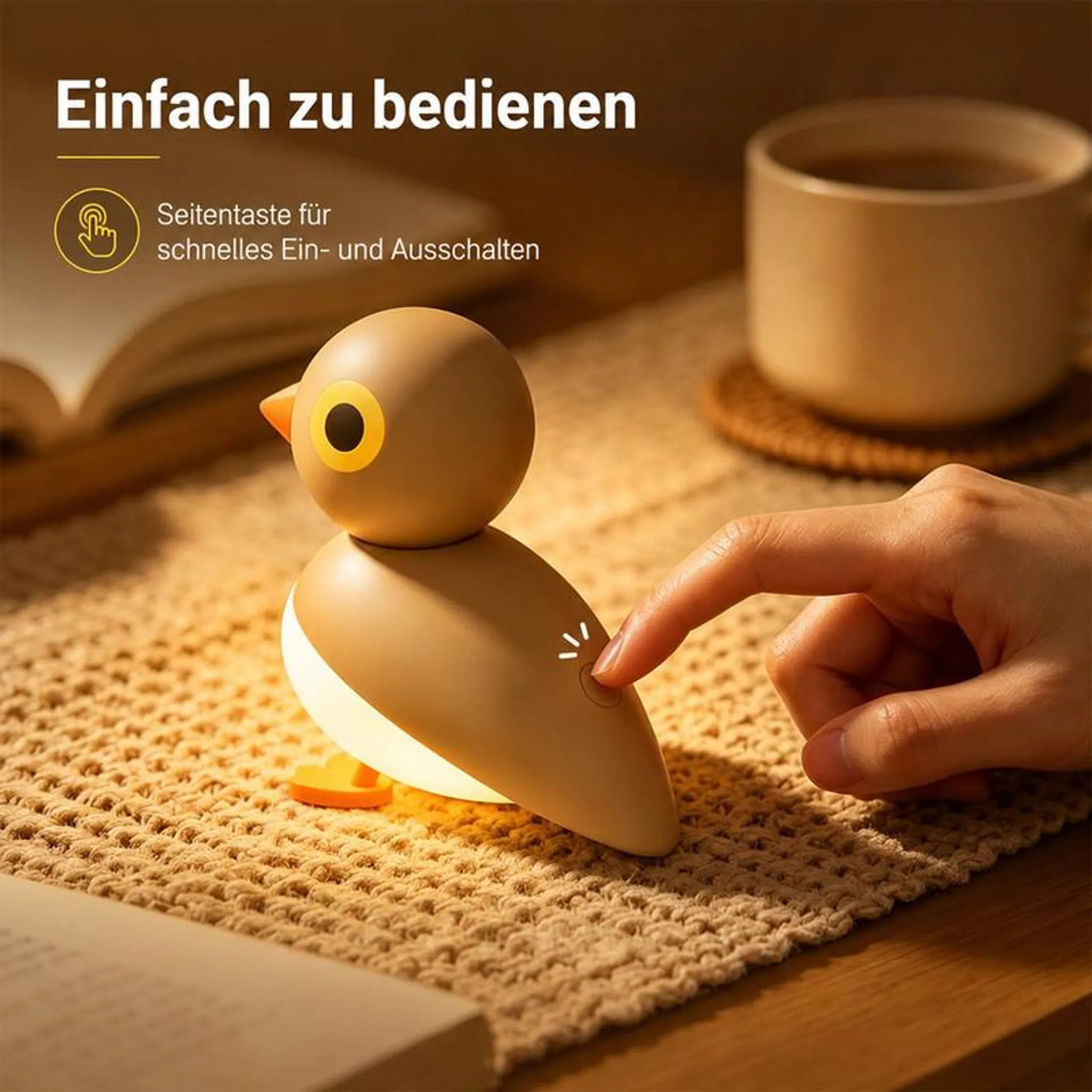 Hand drückt Seitentaste einer niedlichen Enten-Lampe auf einem Tisch.