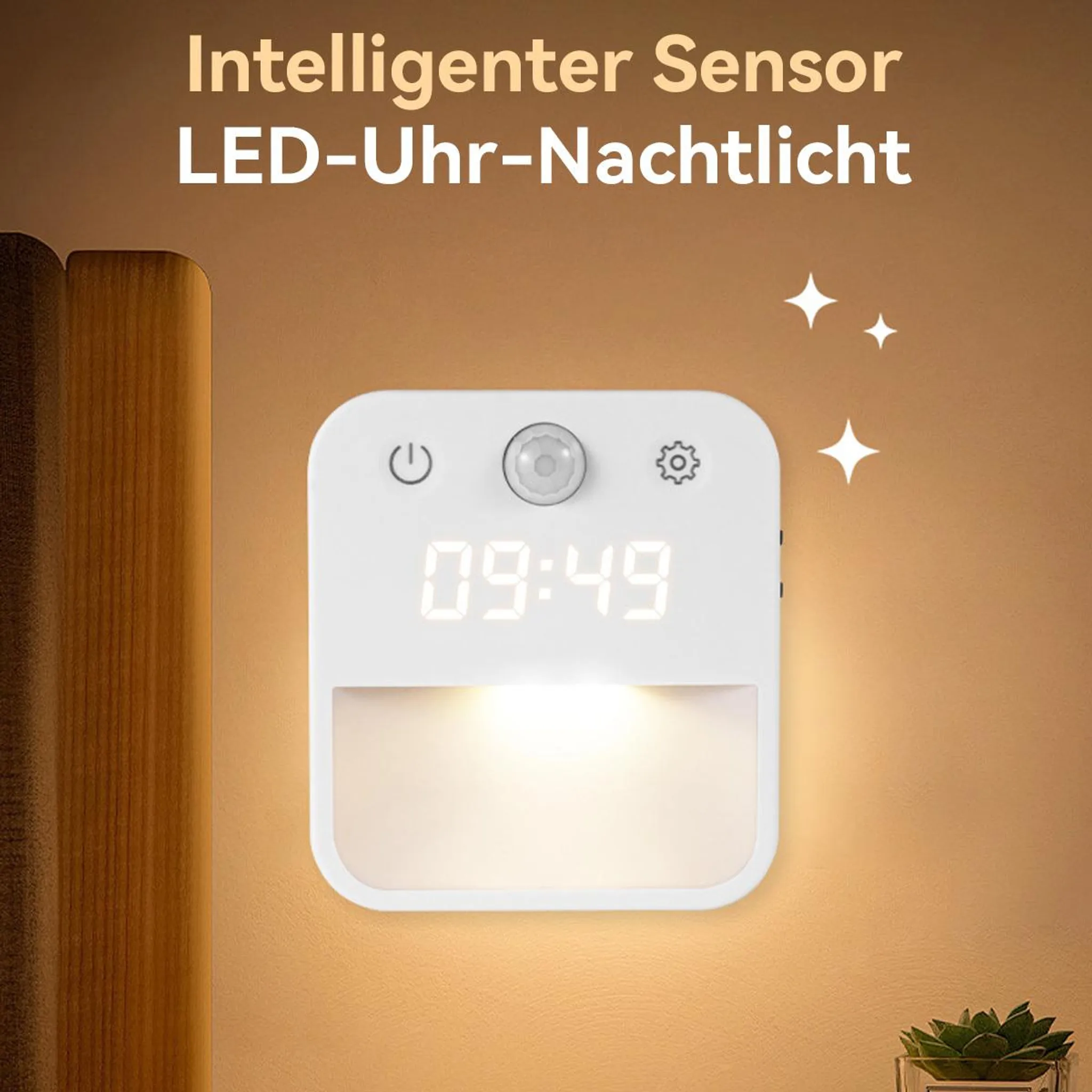 Intelligentes LED-Uhr-Nachtlicht mit Sensor an einer Wand montiert.