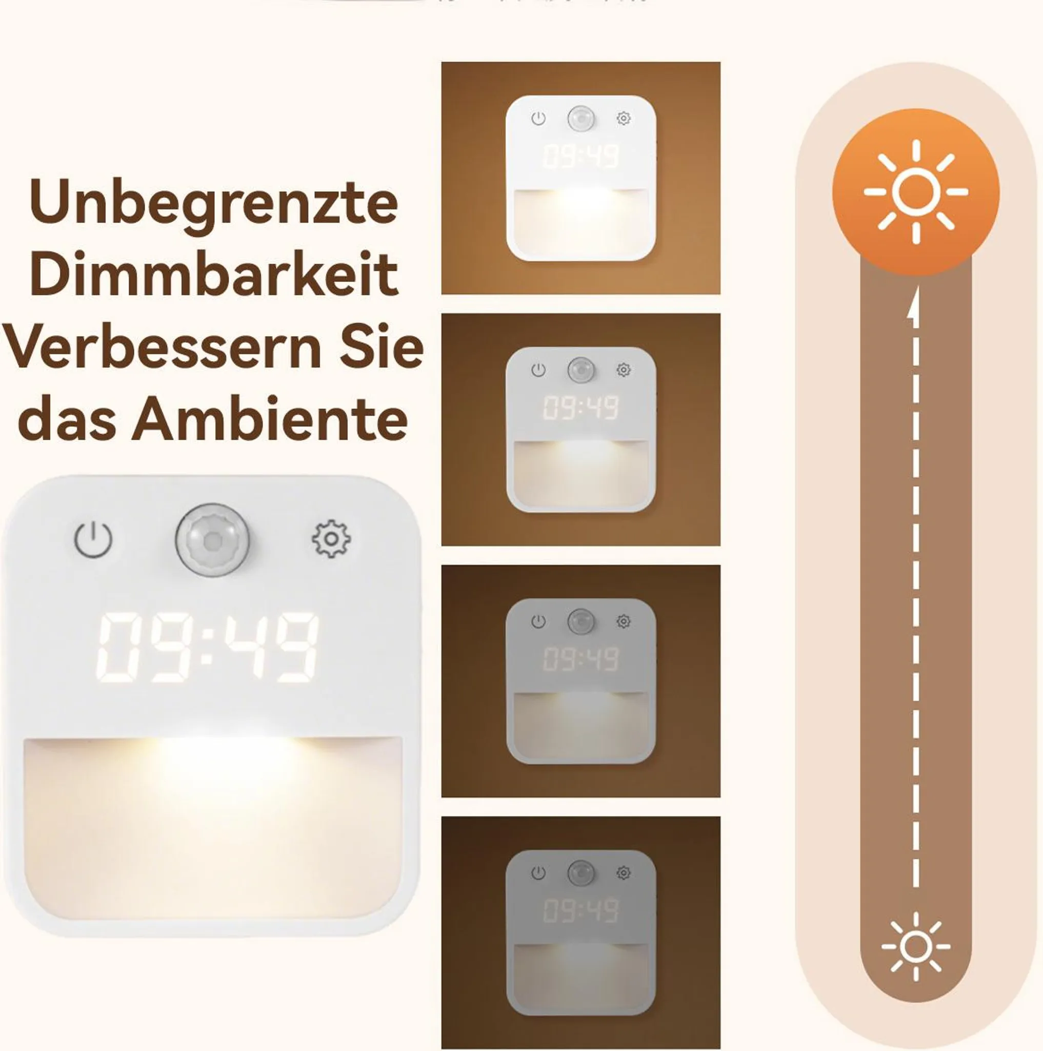 Werbebild zeigt ein dimmbares LED-Nachtlicht mit Uhrzeit, Sensoren und stufenloser Helligkeitsregelung.