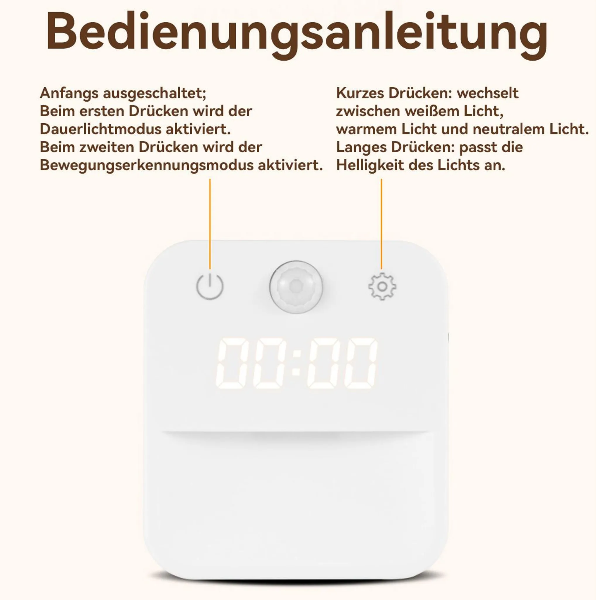 Bedienungsanleitung für ein weißes Nachtlicht mit digitaler Zeitanzeige und zwei Tasten für Modi und Lichtfarbe.