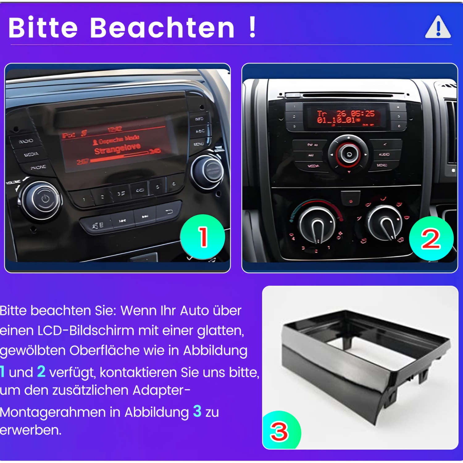 Hinweis zu zwei Autoradio-Typen und einem passenden schwarzen Adapter-Montagerahmen.