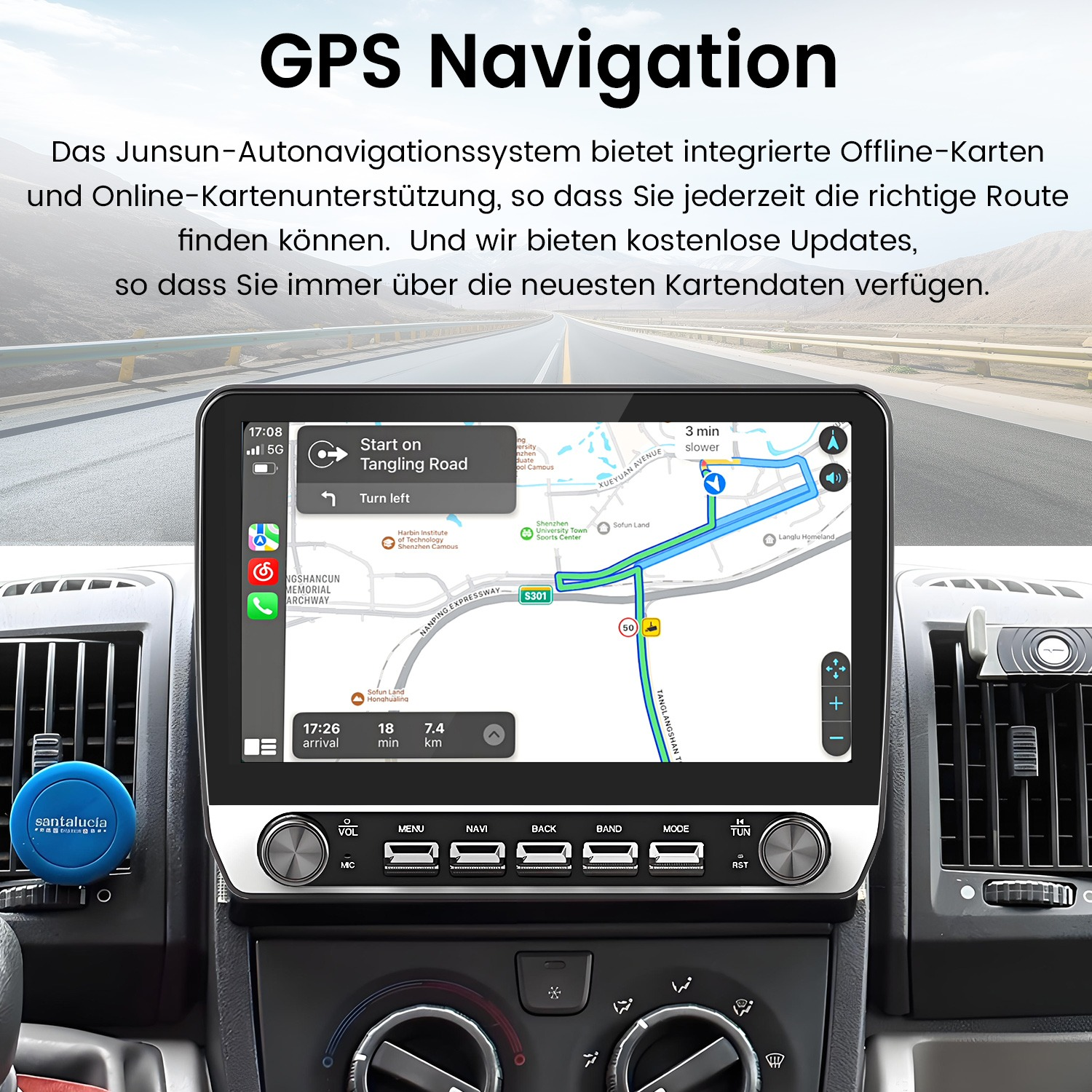 Ein GPS-Navigationssystem mit einer Straßenkarte in einem Auto, davor eine Schnellstraße.