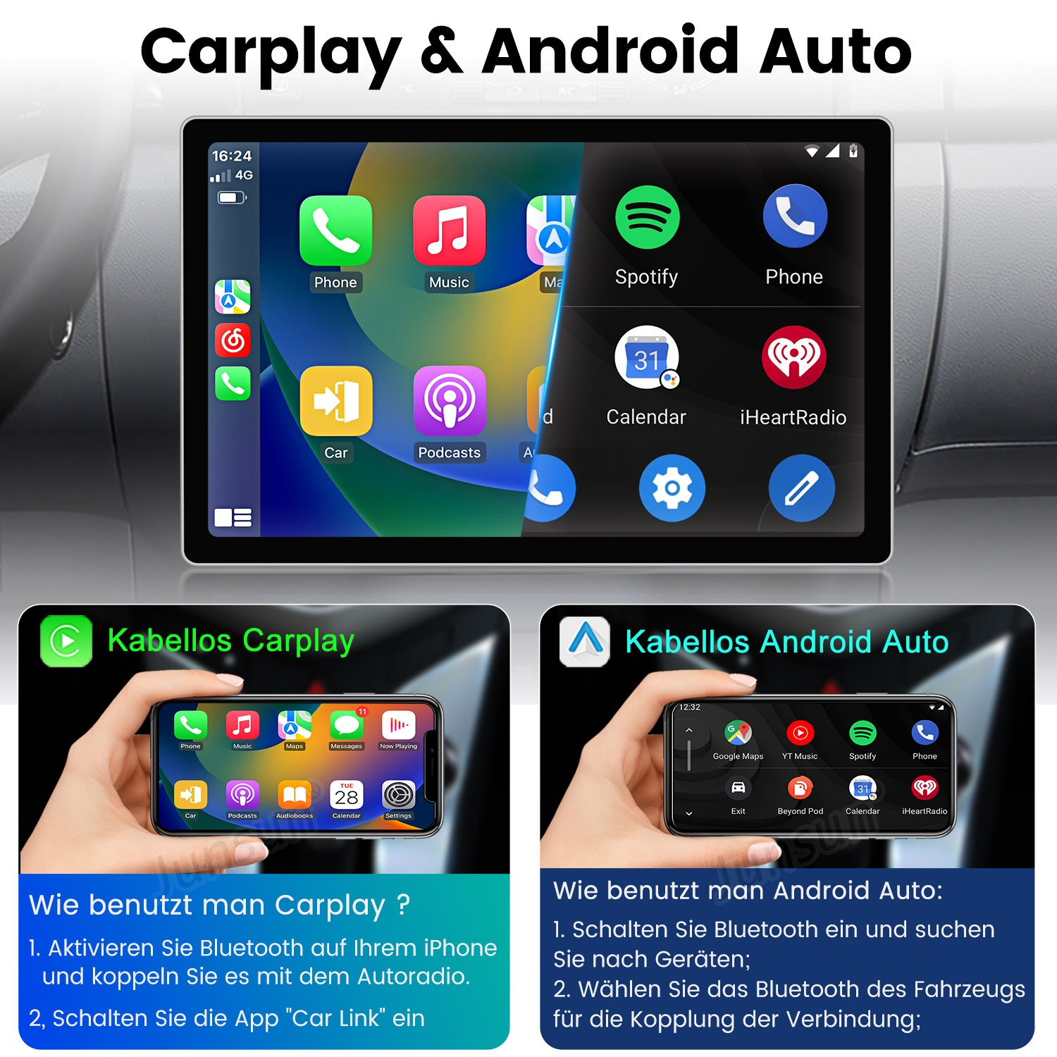 Bildschirm mit Carplay und Android Auto Menüs und Anleitungen zur kabellosen Verbindung.