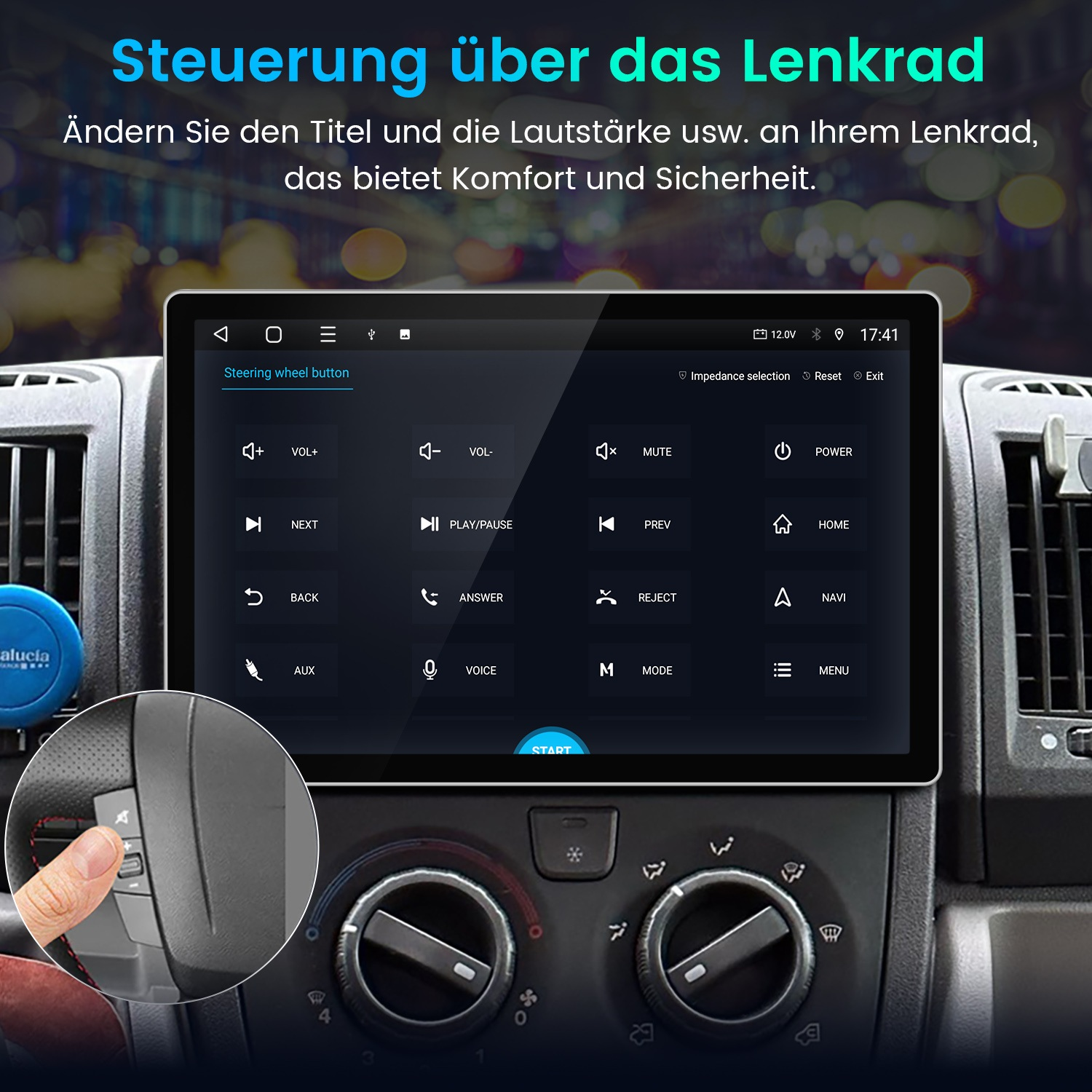 Ein Car-Display zeigt Lenkrad-Tastenbelegungen, während eine Hand die Lenkradtasten drückt.