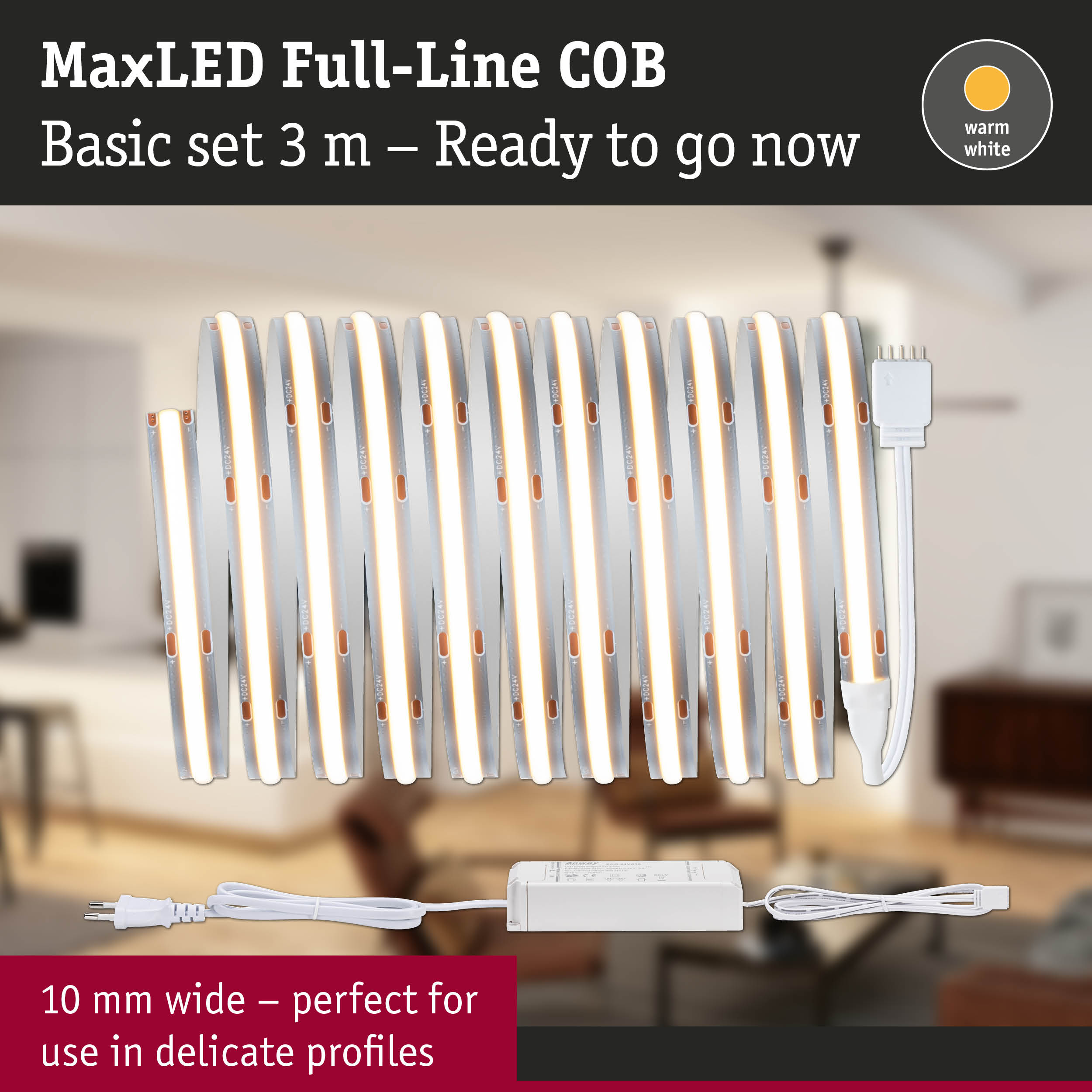 MaxLED Full-Line COB Basis-Set 3 m mit warmweißem Licht, vor verschwommenem Raumhintergrund.