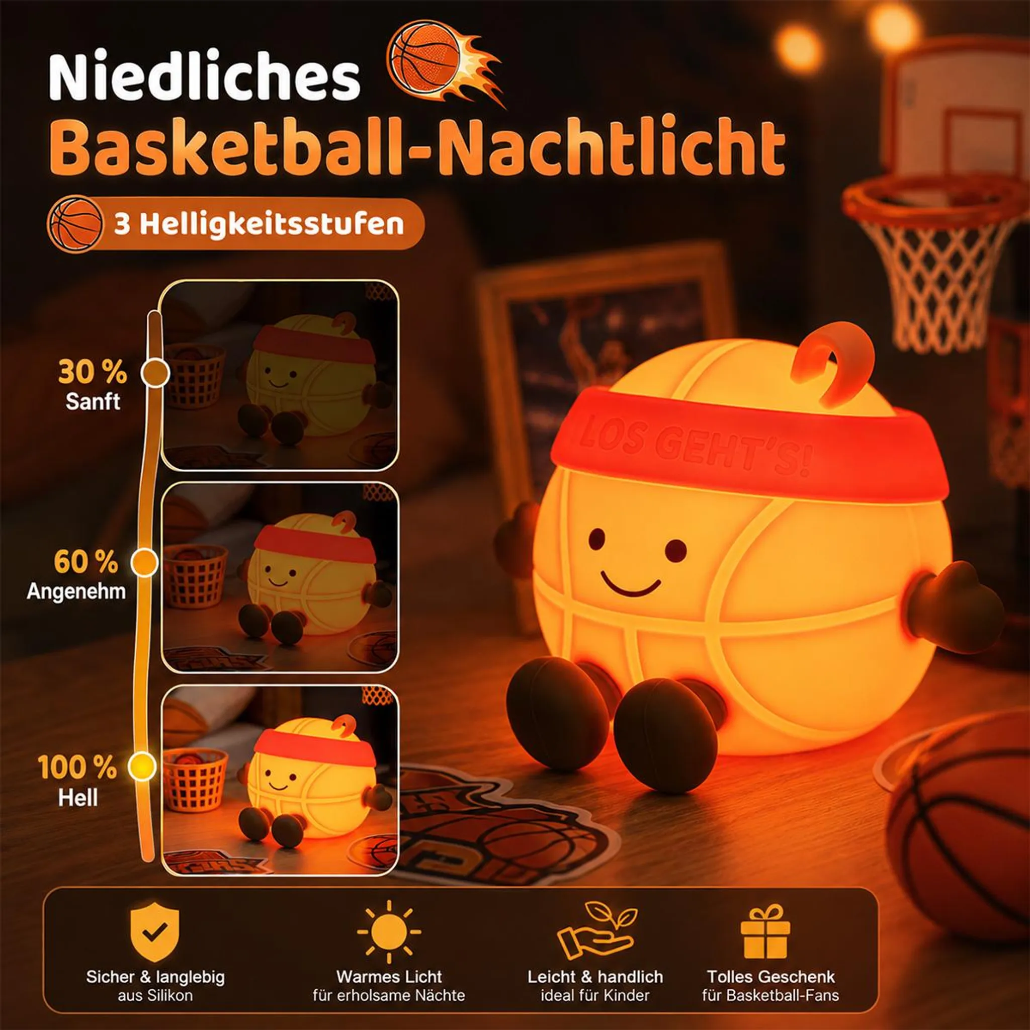 Niedliches Basketball-Nachtlicht mit drei Helligkeitsstufen, aus Silikon, mit warmem Licht für Kinder.