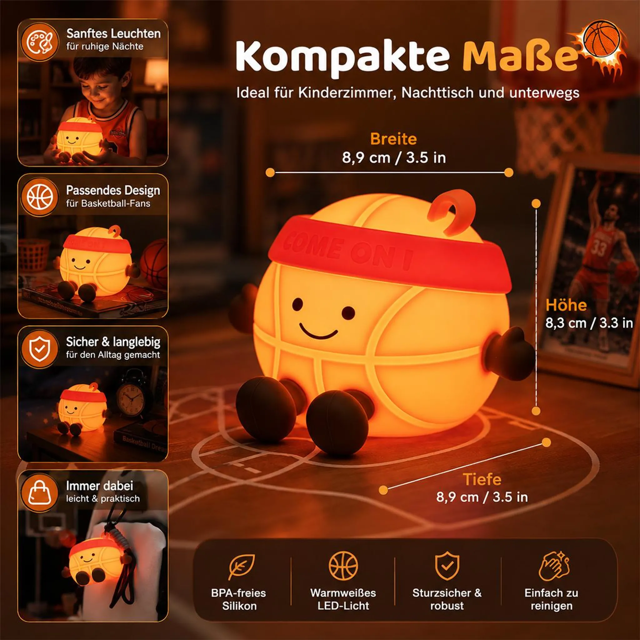 Eine niedliche Basketball-Nachtlampe mit Gesicht und Stirnband, Maße und Feature-Grafiken inklusive.